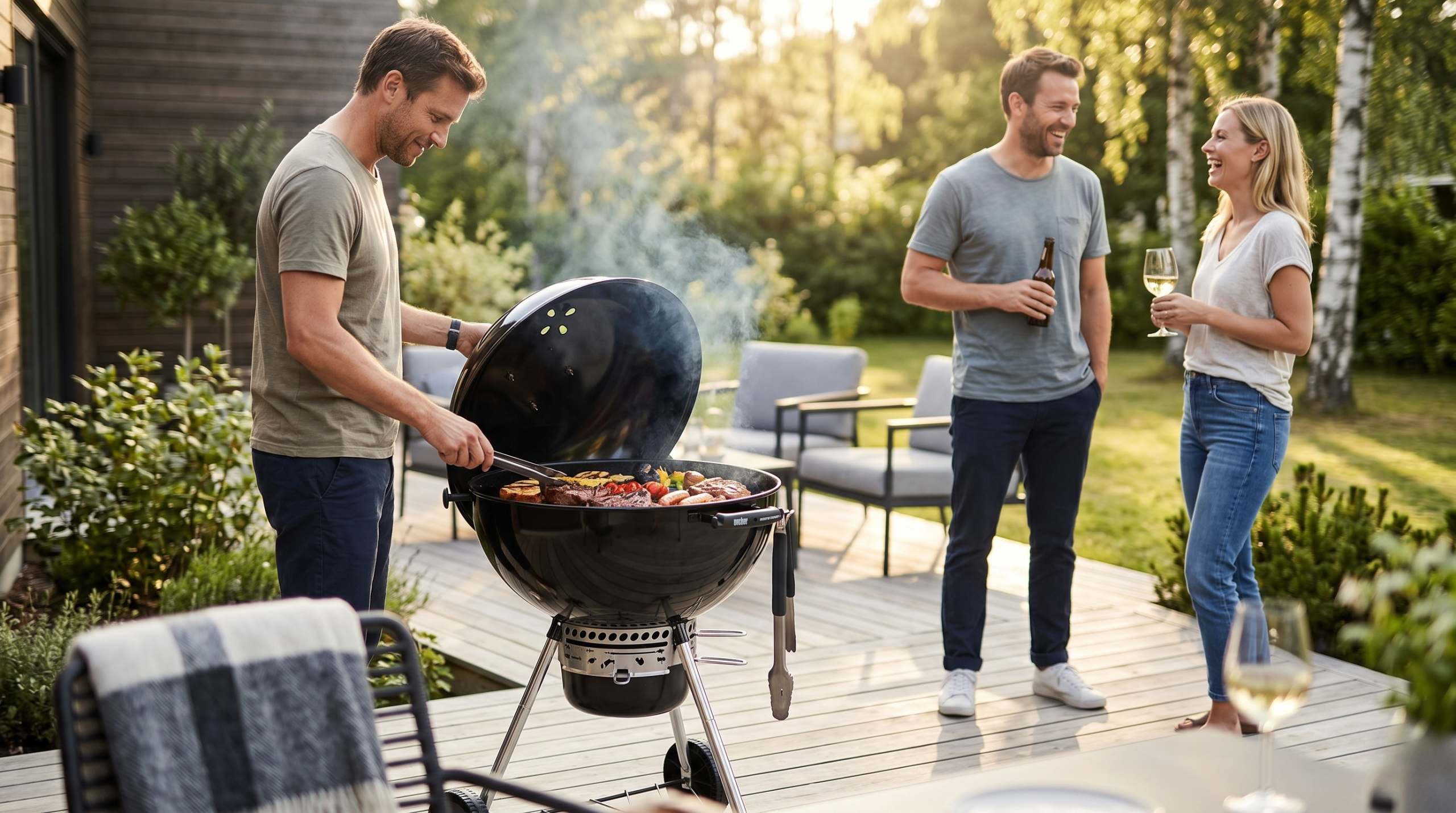 En mann som griller på Weber Master-Touch GBS Premium E-5775 mens en mann og kvinne prater i bakgrunnen