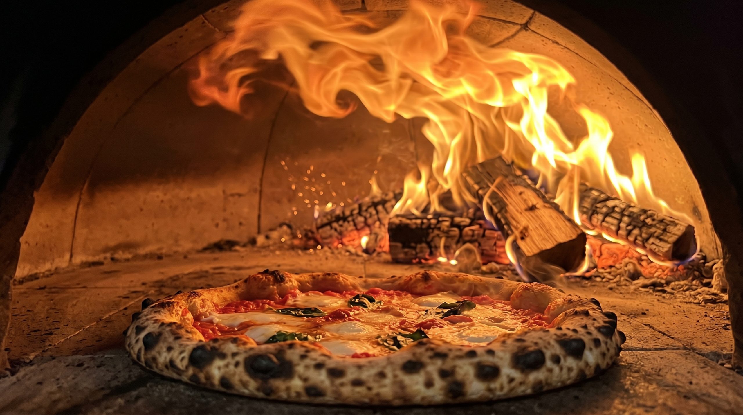 Innsiden av en selvbygd pizzaovn, med en nydelig napolitansk pizza i front