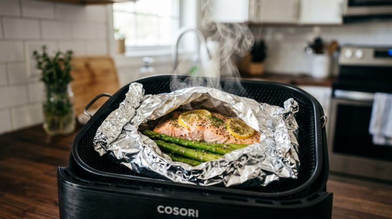 Mat innpakket i folie i en airfryer