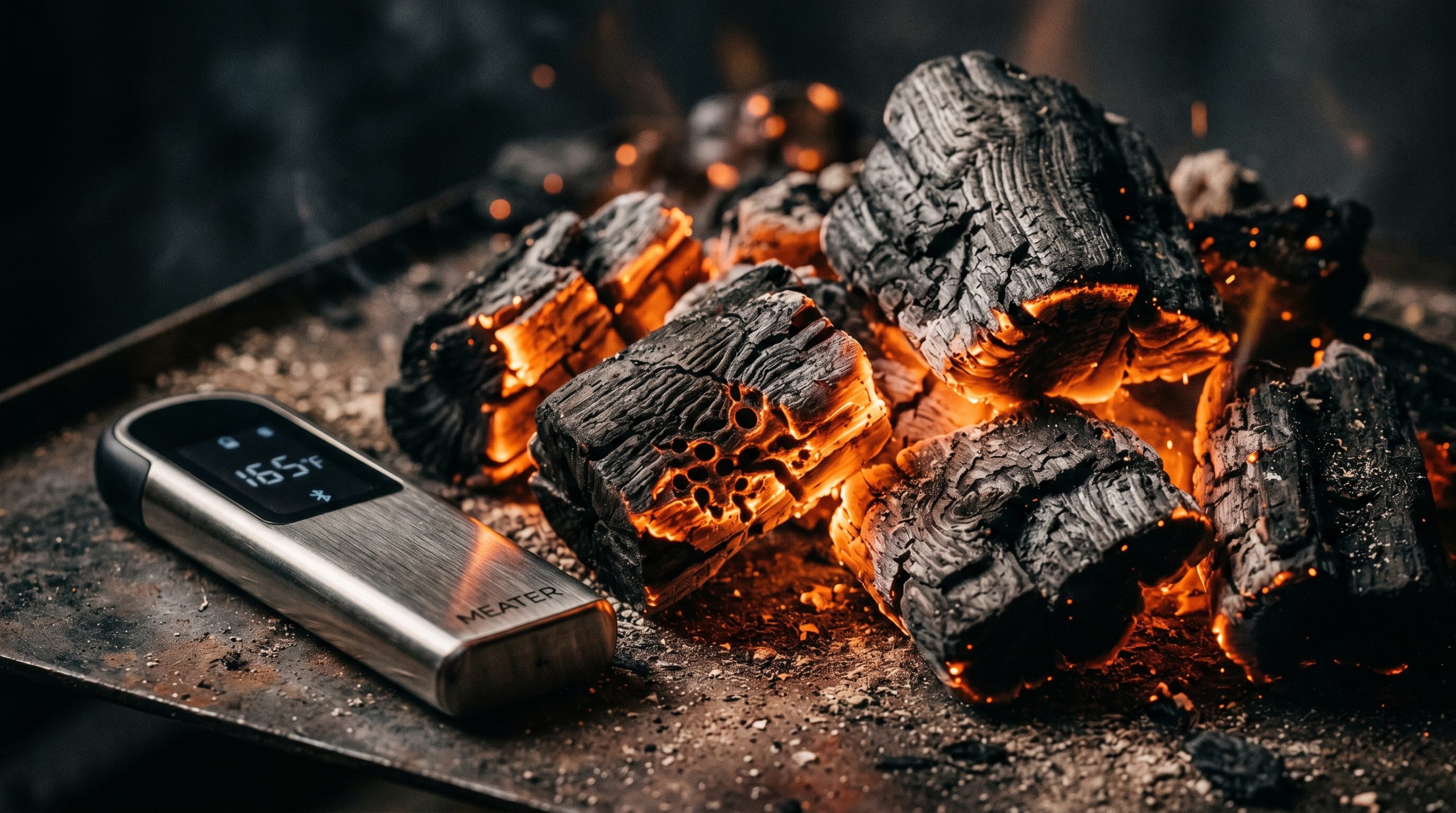 Et termometer ved siden av kullet i en grill for optimal temperatur