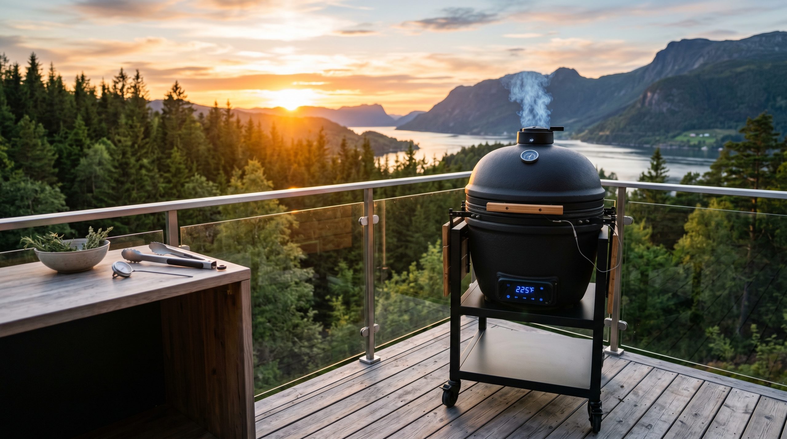 En moderne og miljøvennlig kullgrill på en veranda i skogen
