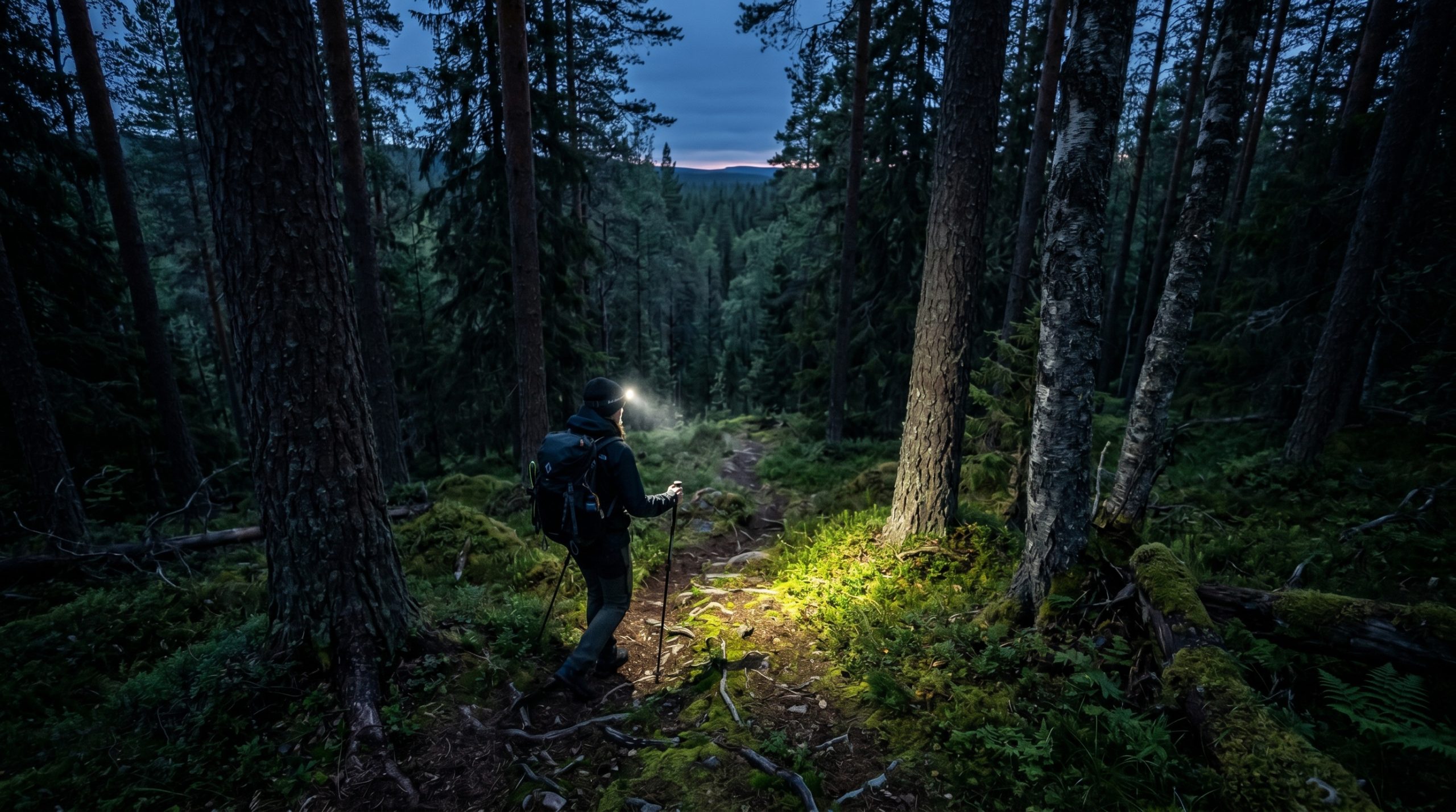 En mann på tur i skogen med hodelykt på