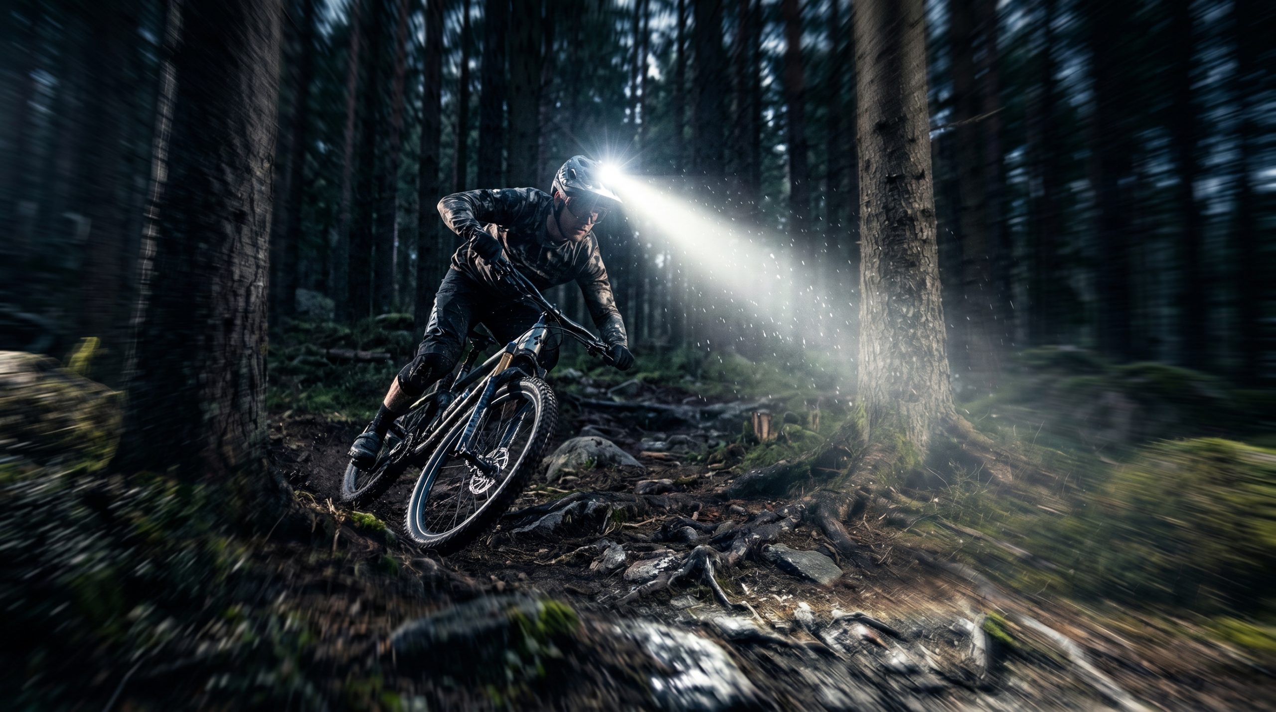 En mann syklende på en mountainbike med hodelykt