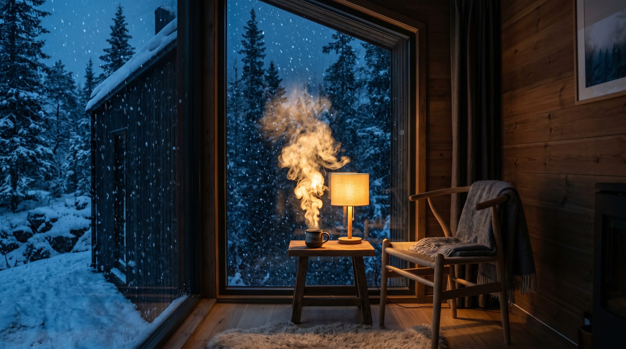 En varm kopp kaffe på et bord i en norsk vinterhage