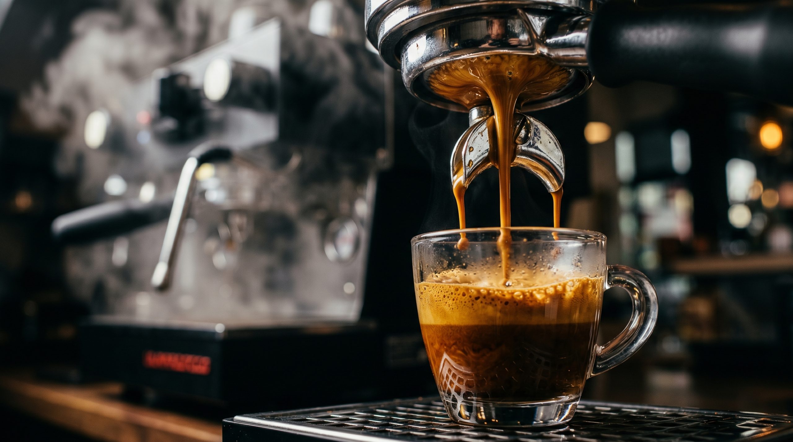 En espressomaskin som fyller et lite glass med espresso