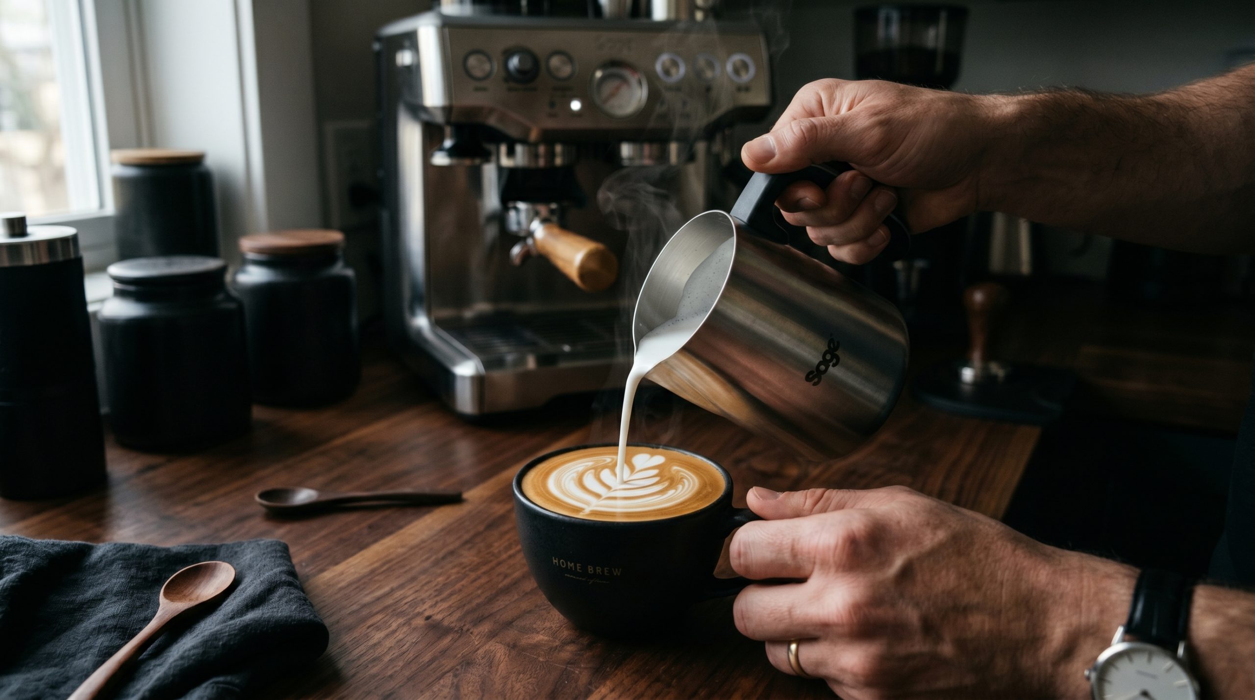 En mann fyller i en kaffekopp med en melkeskummer