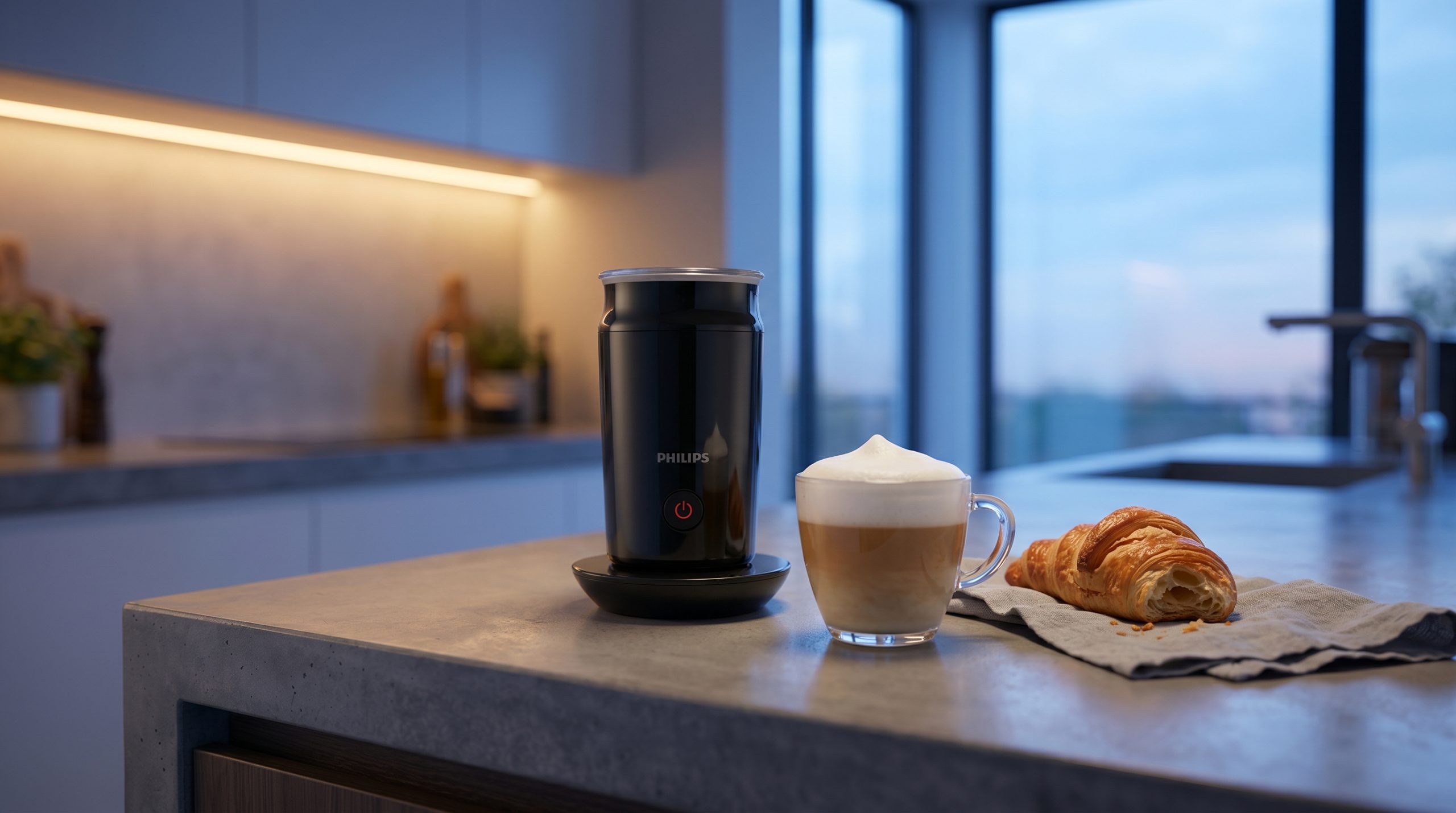 En melkeskummer ved siden av en kopp espresso med melk på toppen