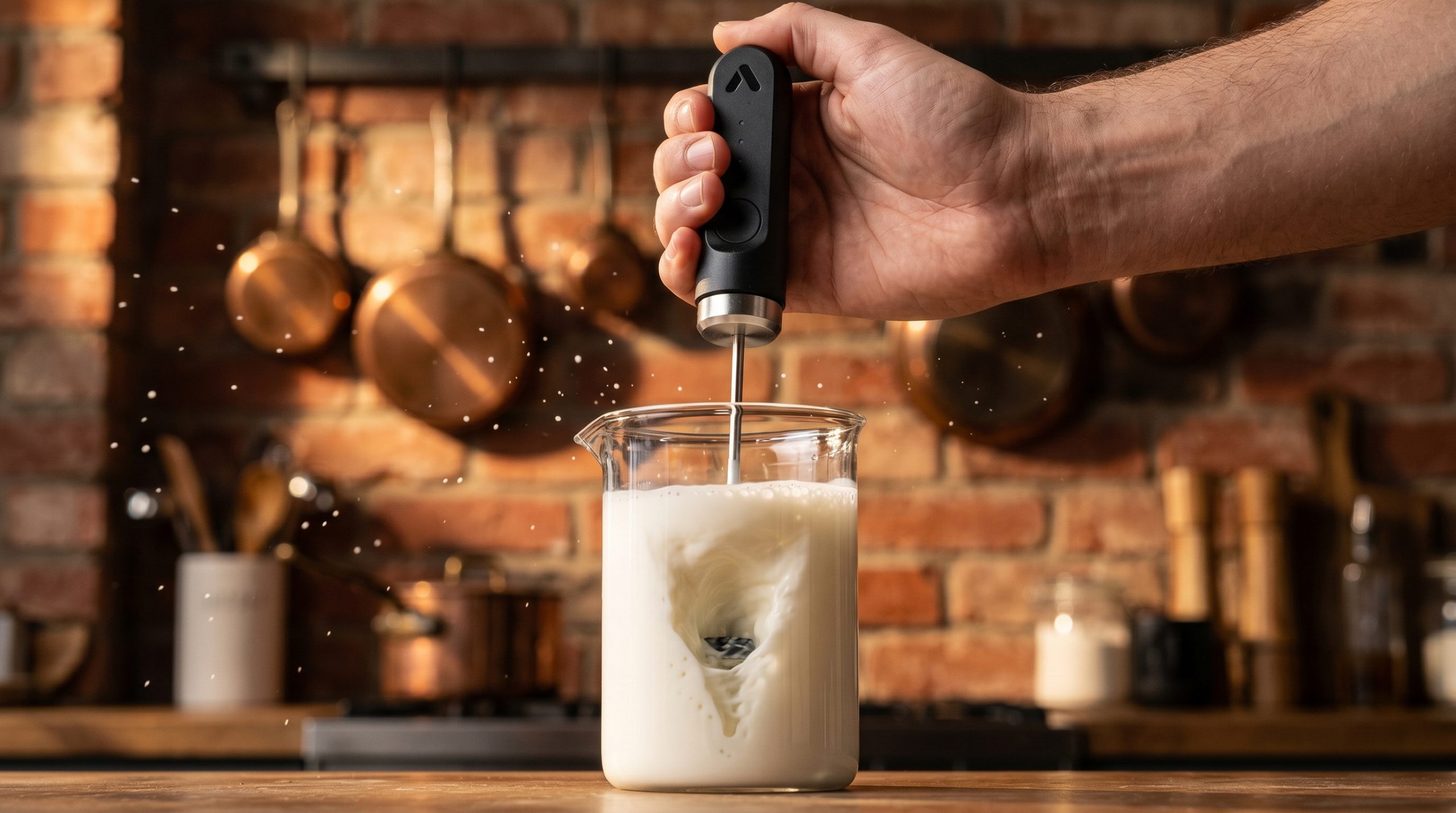 En manuell melkeskummer i et glass med melk