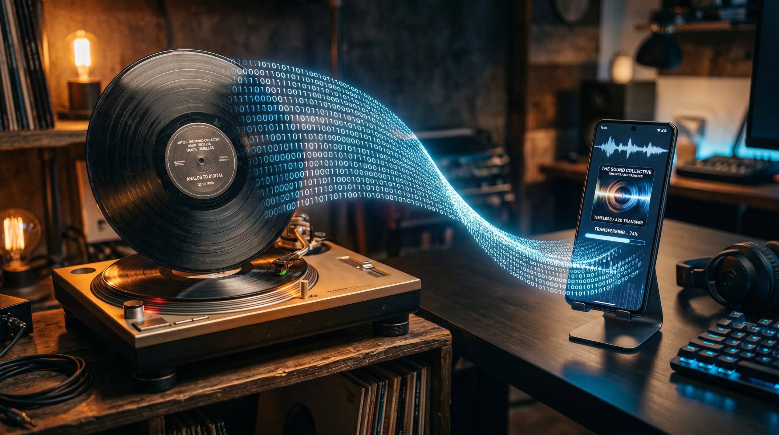 Et bilde som visualiserer overføring av vinyl fra en platespiller til en mobiltelefon
