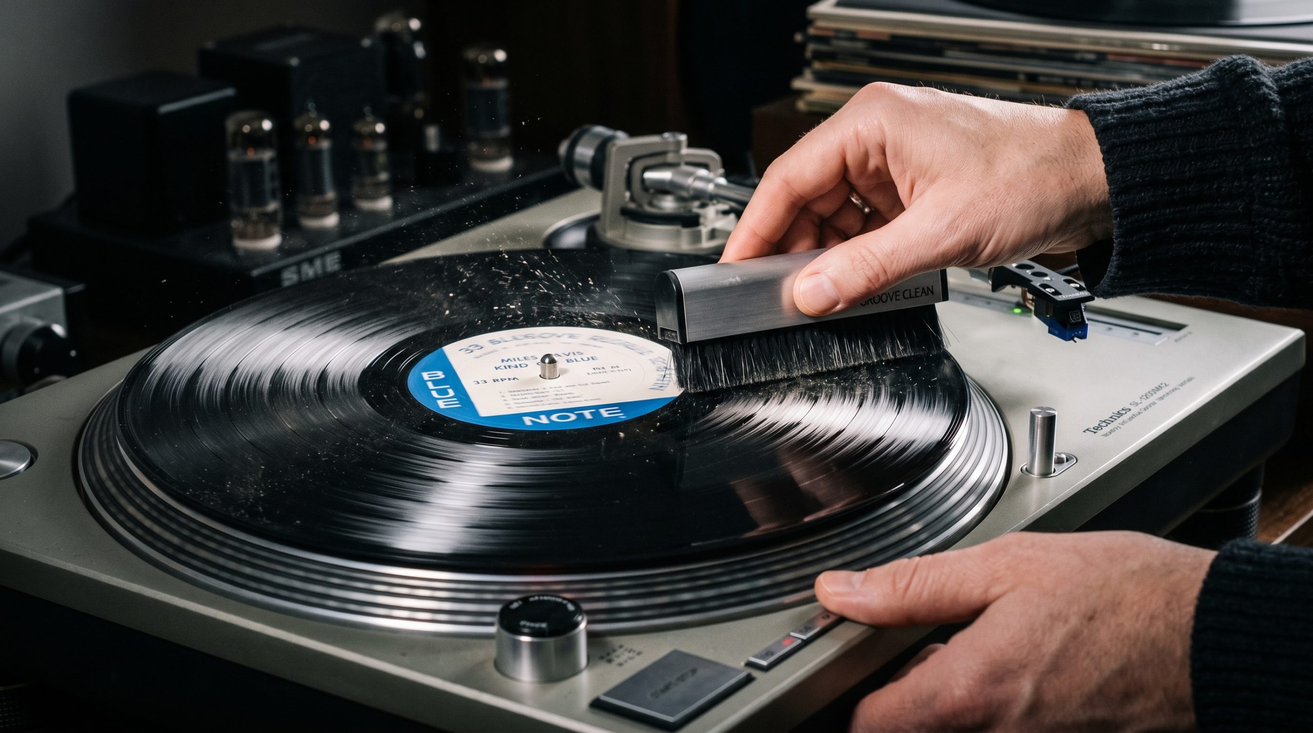 En børste som skraper av støv fra en vinylplate