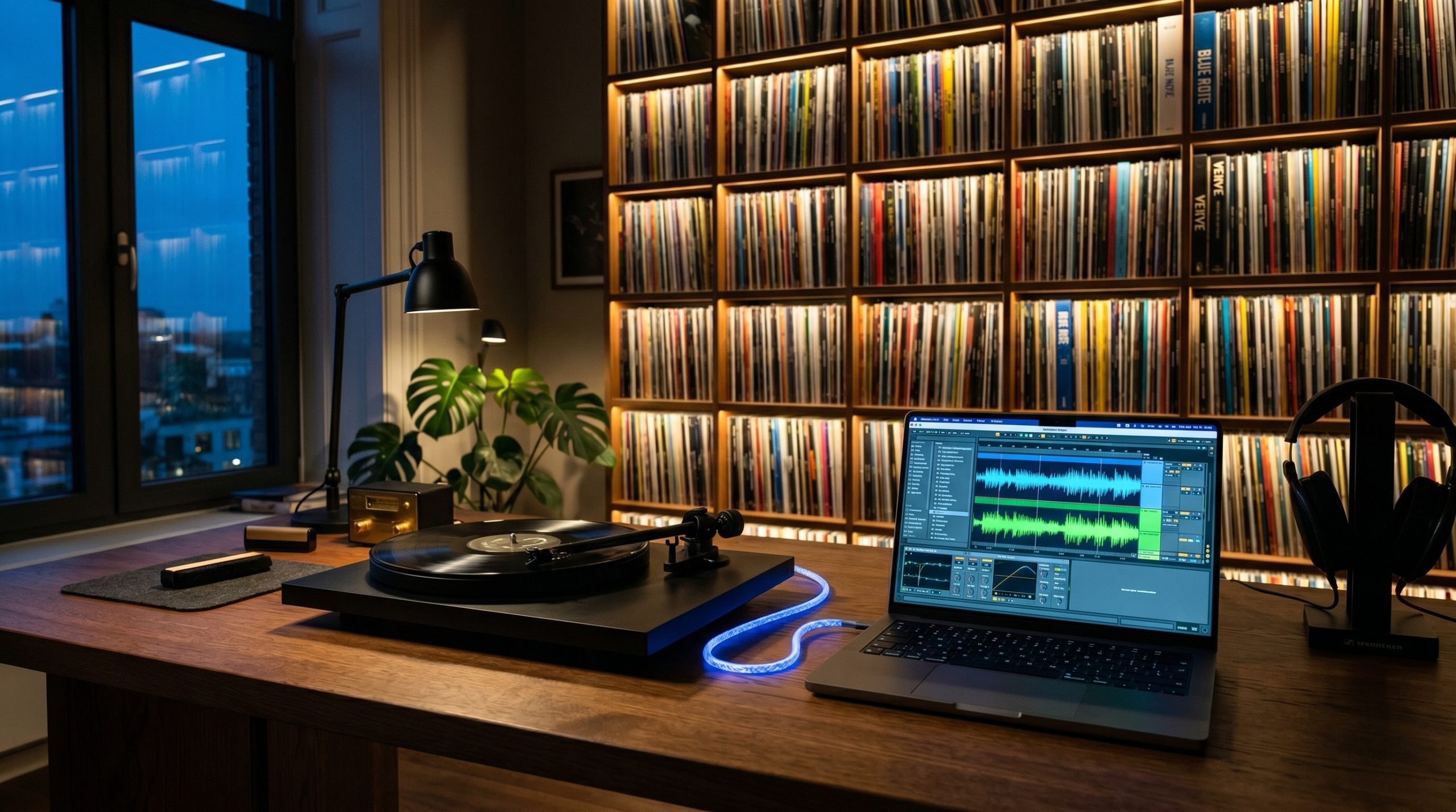 En platespiller ved siden av en PC med en USB-kabel mellom