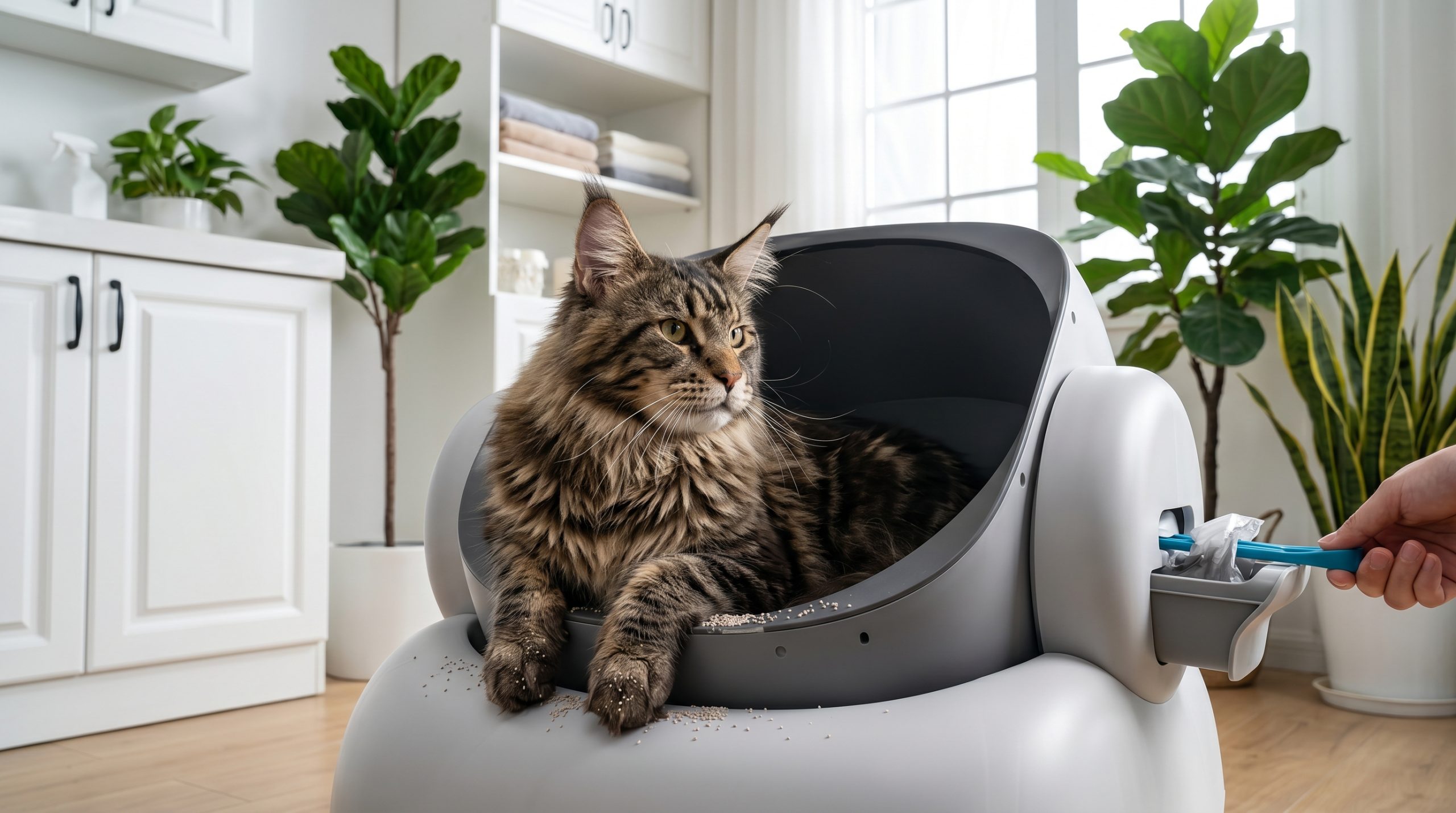 En katt som lener seg ut av et selvrensende kattedo