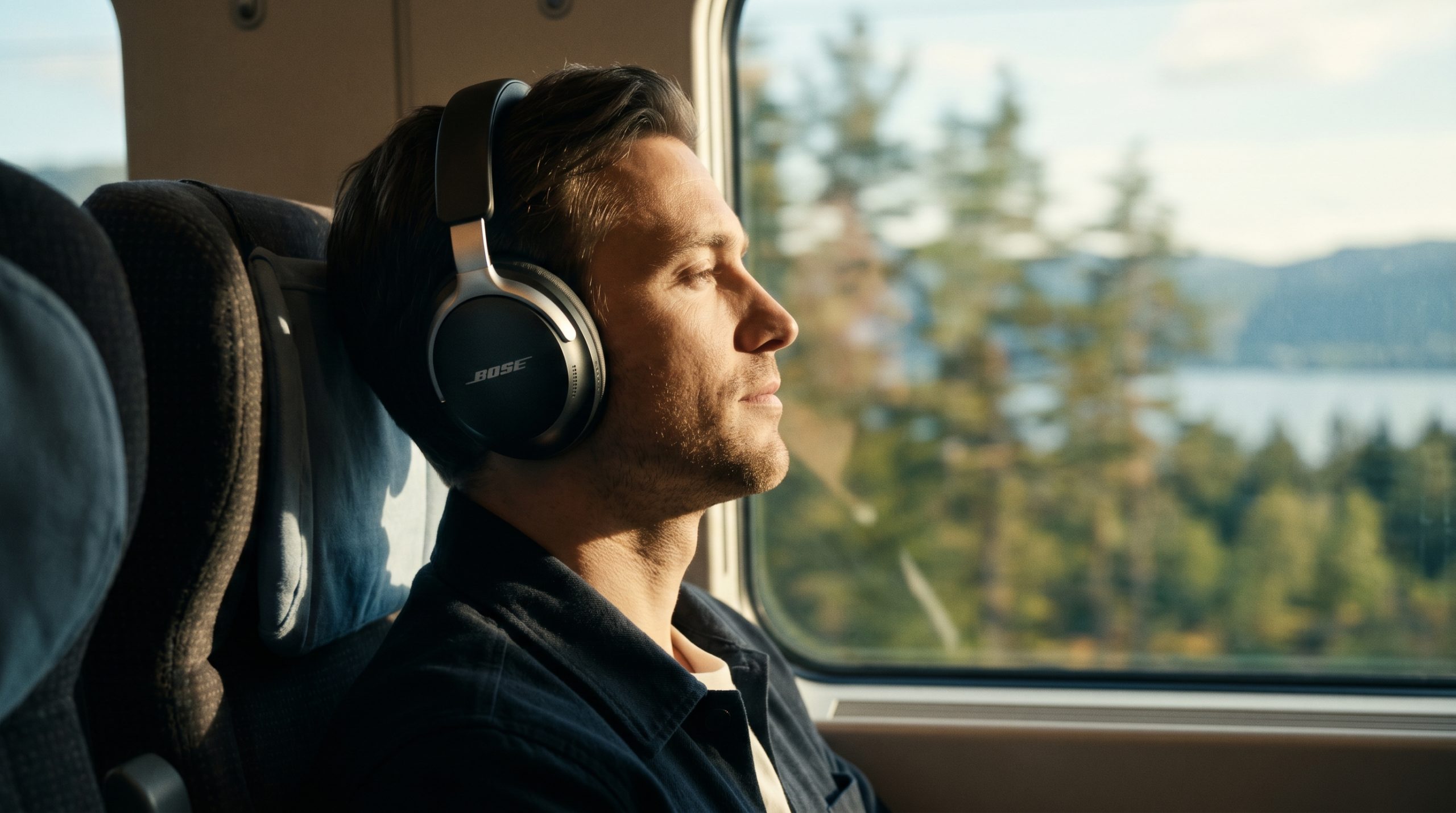 En mann på kollektivtransport med Bose QuietComfort Ultra
