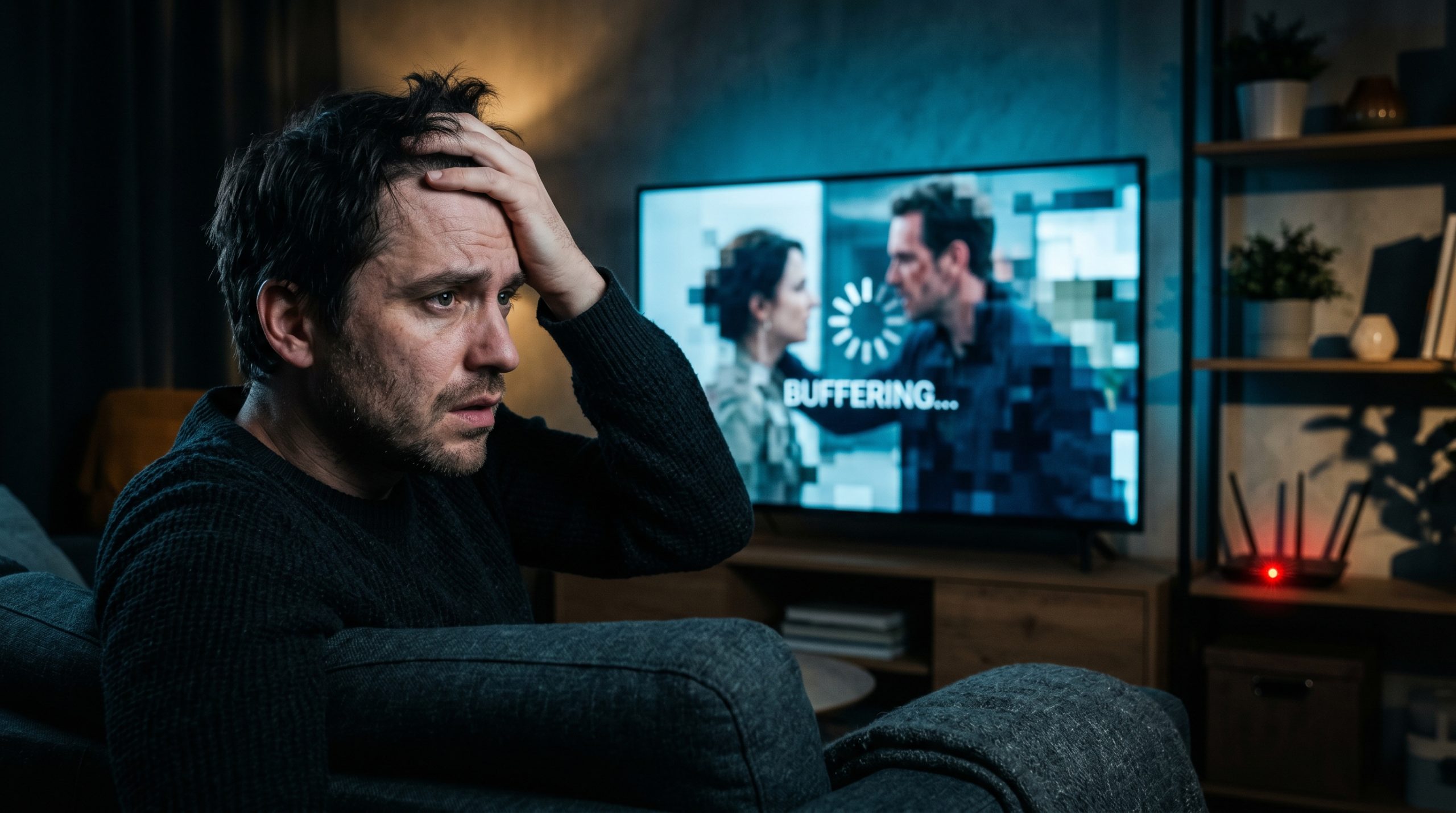 En oppgitt mann foran en TV som bufrer