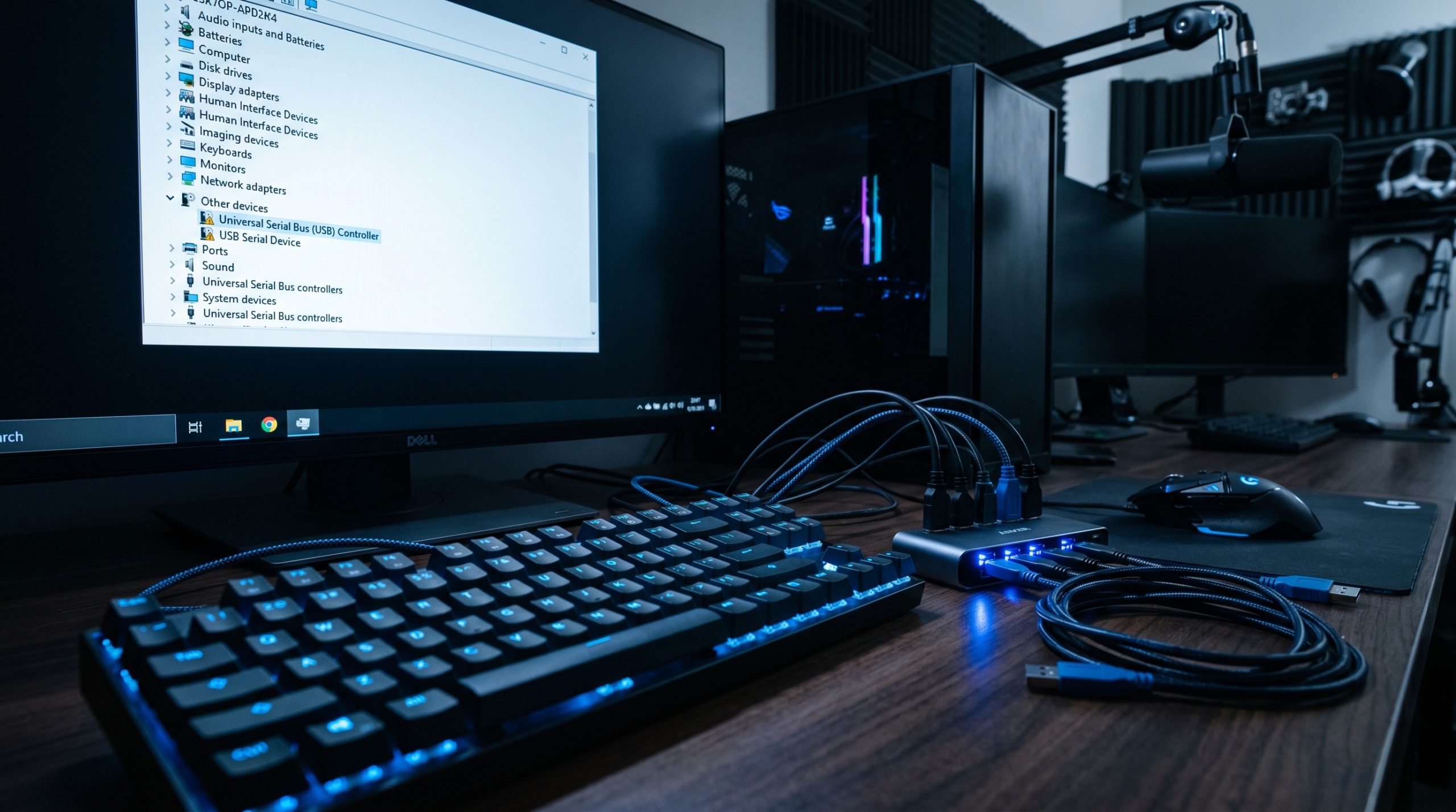 Et par hodetelfoner liggende foran en PC