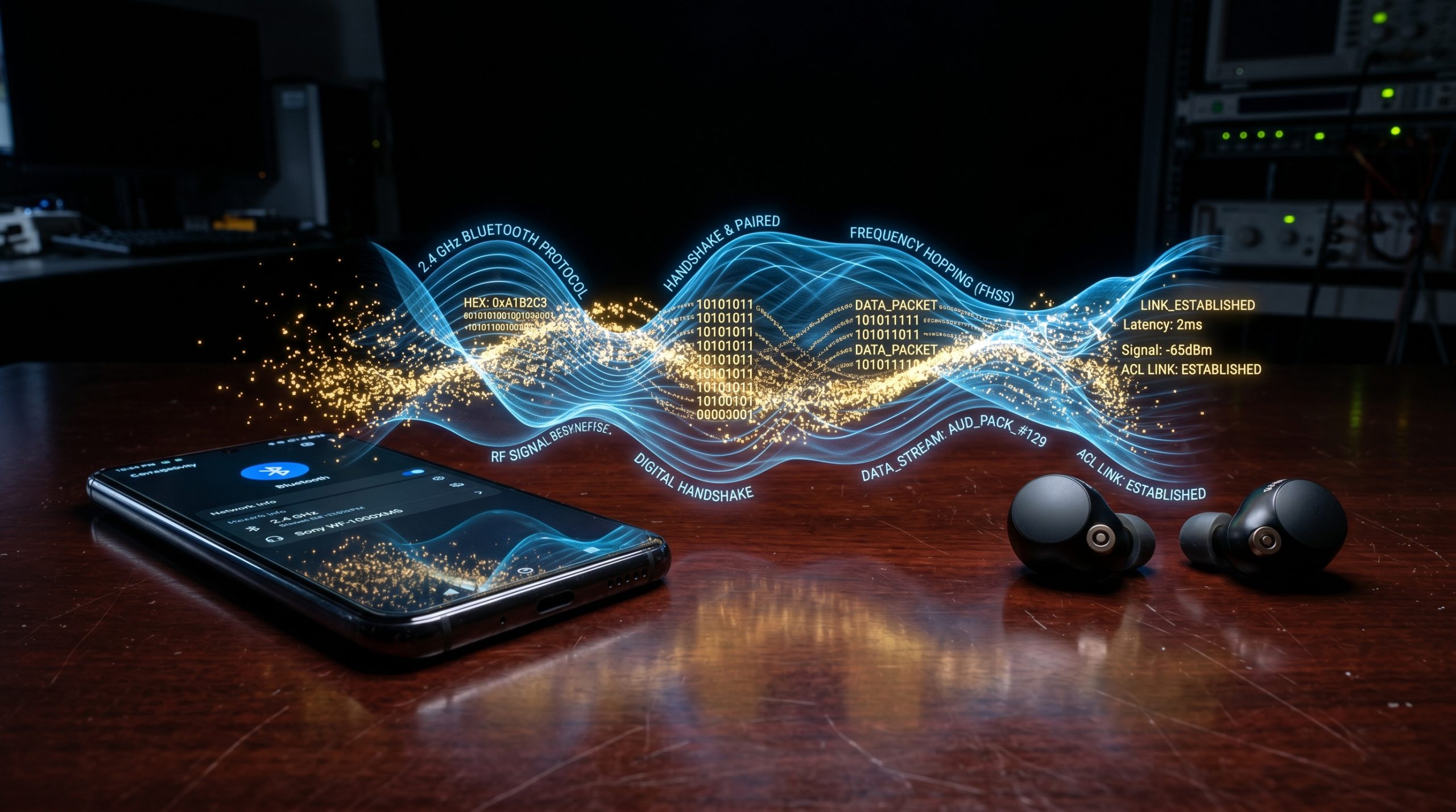 Hodetelfoner og en mobiltelefon med signalene illustrert mellom dem