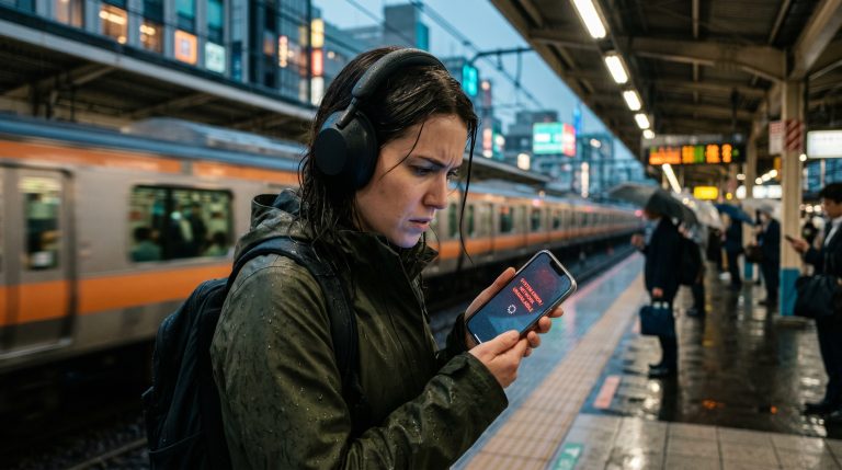 En kvinne som sliter med tilkoblingen av sine bluetooth hodetelefoner