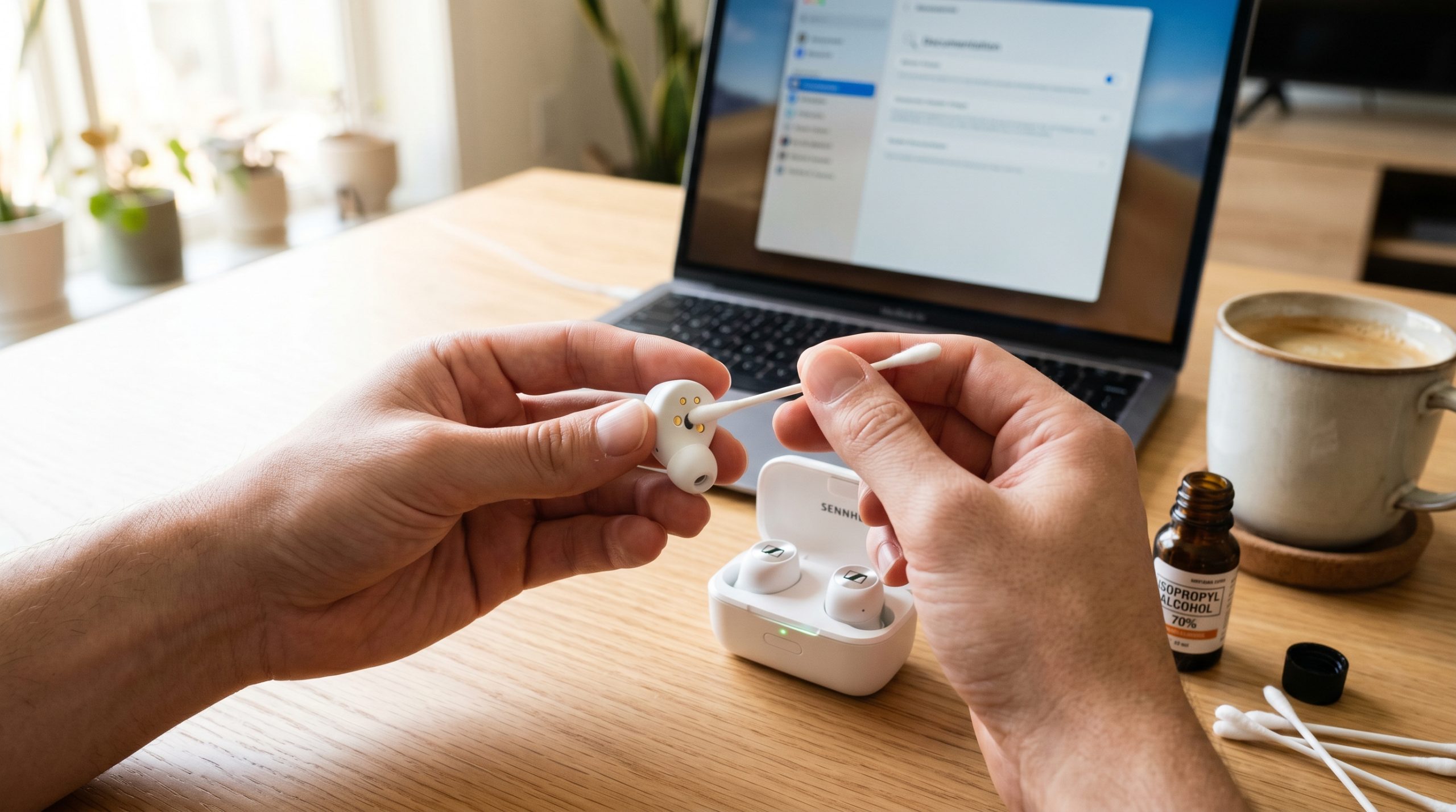 Hender som renser bluetooth-hodetelefoner med en  ørerenser