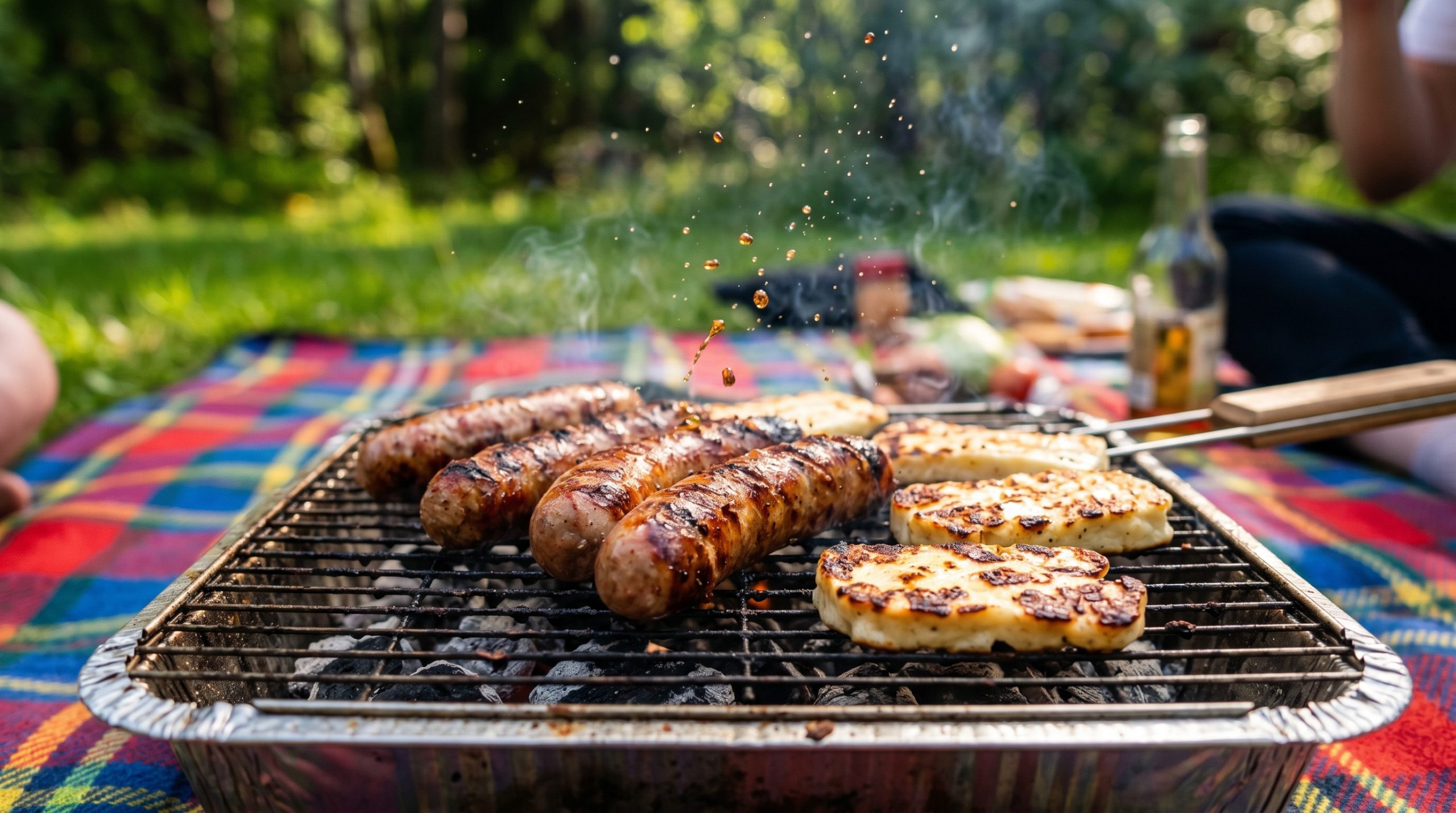 Et nærbilde av en engangsgrill i en park med mat grillende.