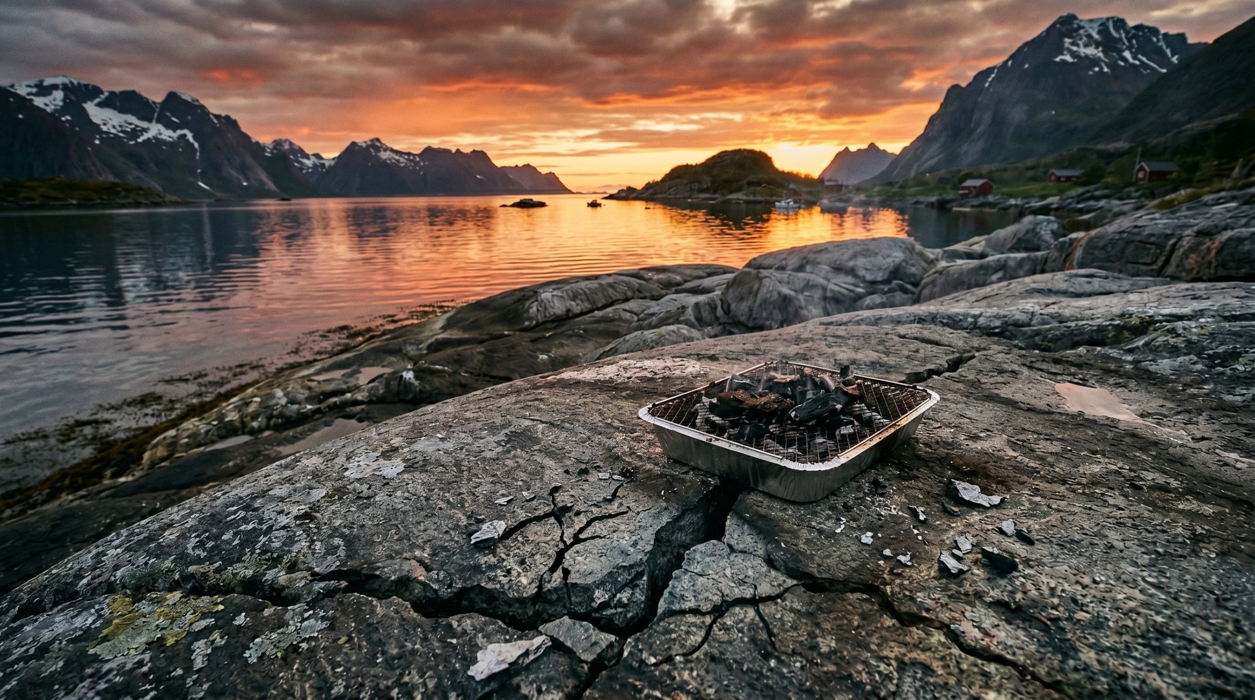 En engangsgrill på en steinstrand ved siden av havet