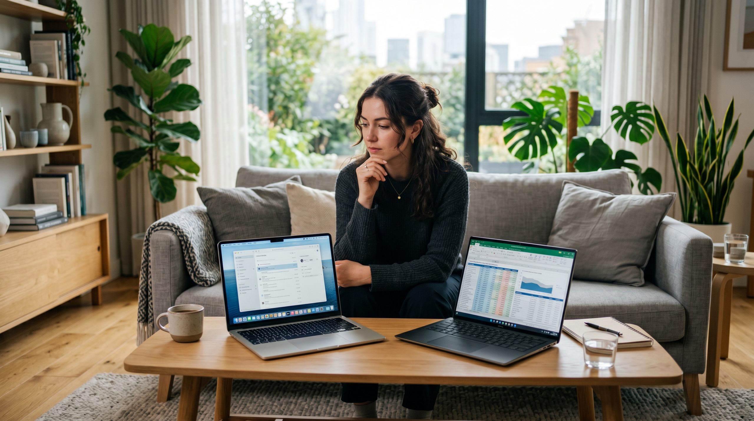En kvinne sittende i en sofa med to ulike laptoper foran seg på et stuebord. Hun ser tenkende ut