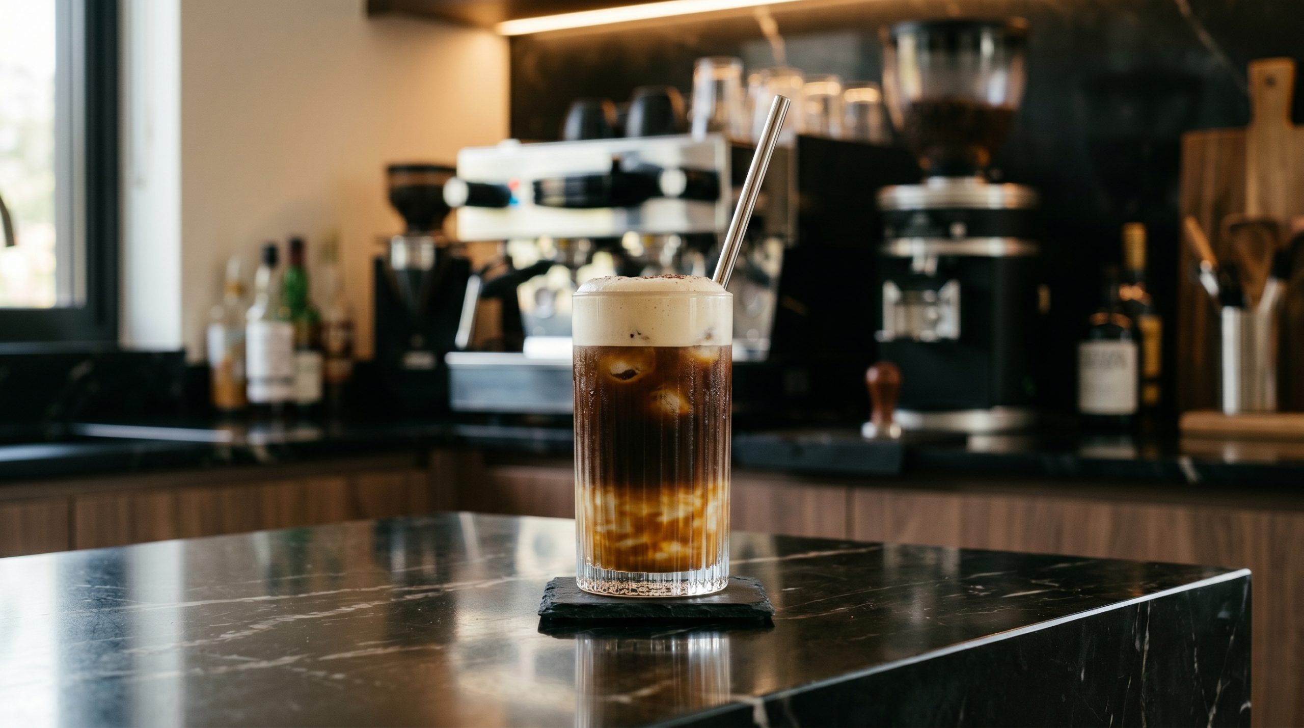 En perfekt iskaffe på en marmorbenk