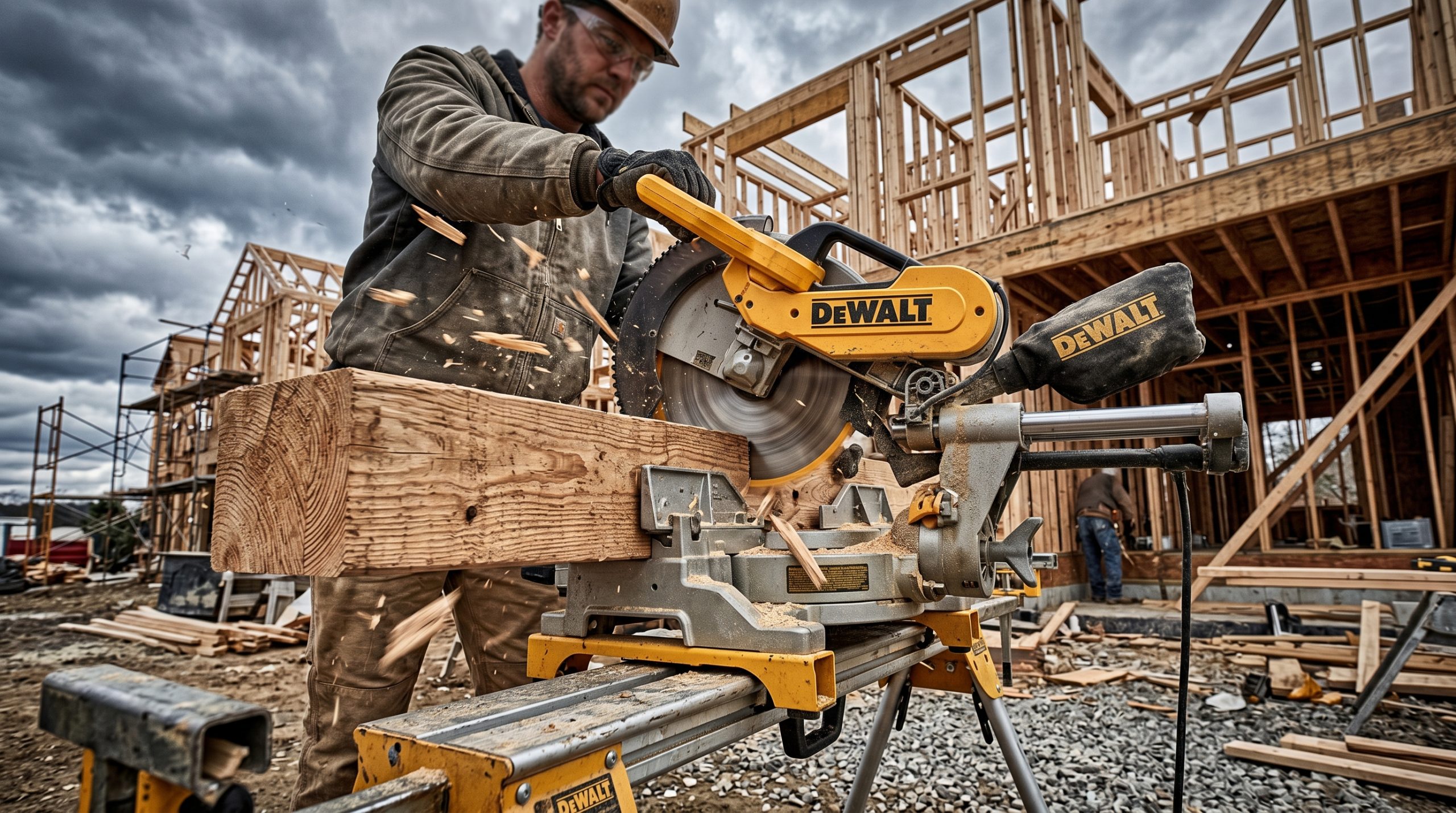 En mann på en byggeplass som bruker en moderne dewalt kappsag