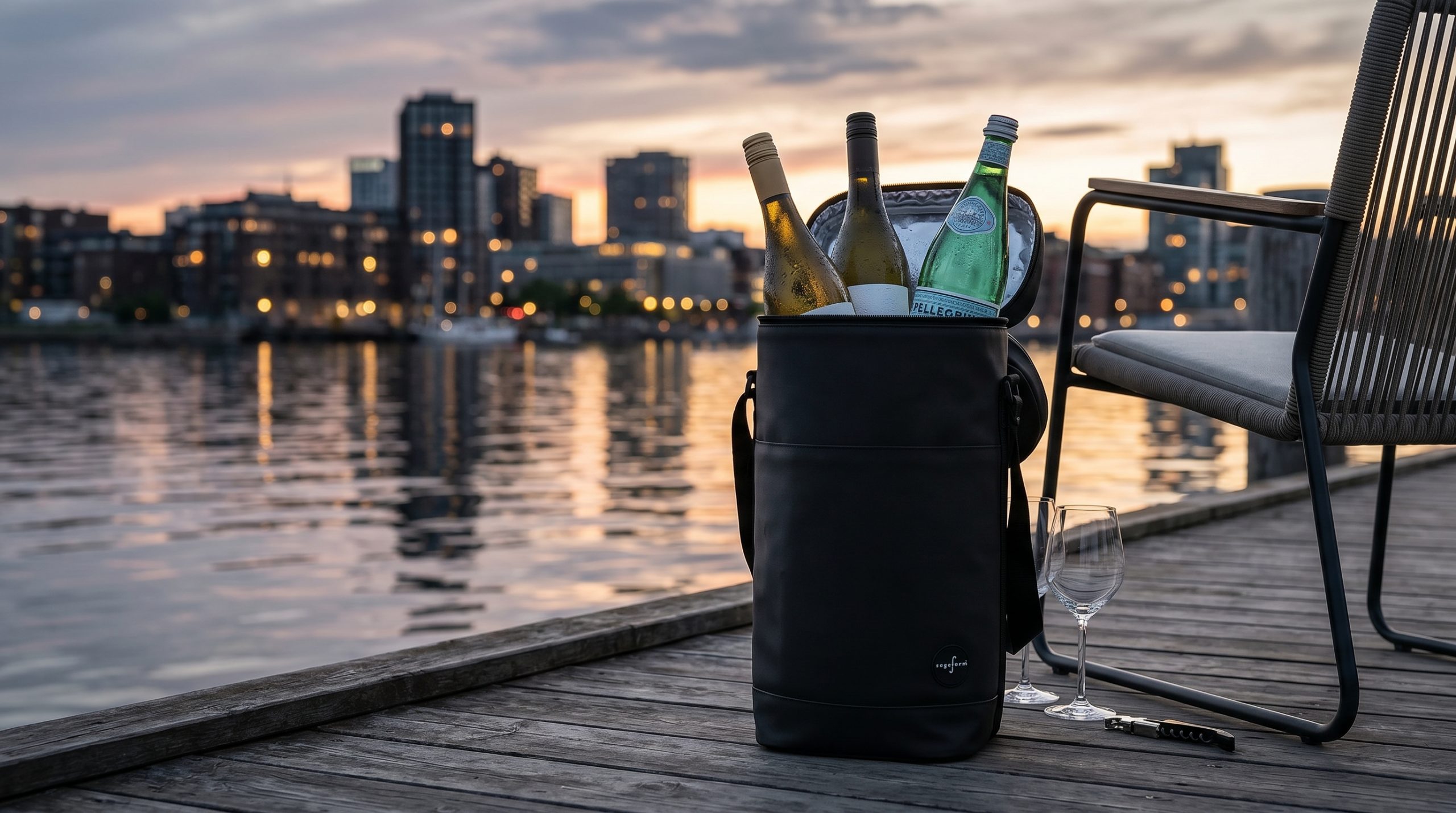 En kjølebag med noen flasker vin i med utsikt over en fjord med en by i bakgrunnen