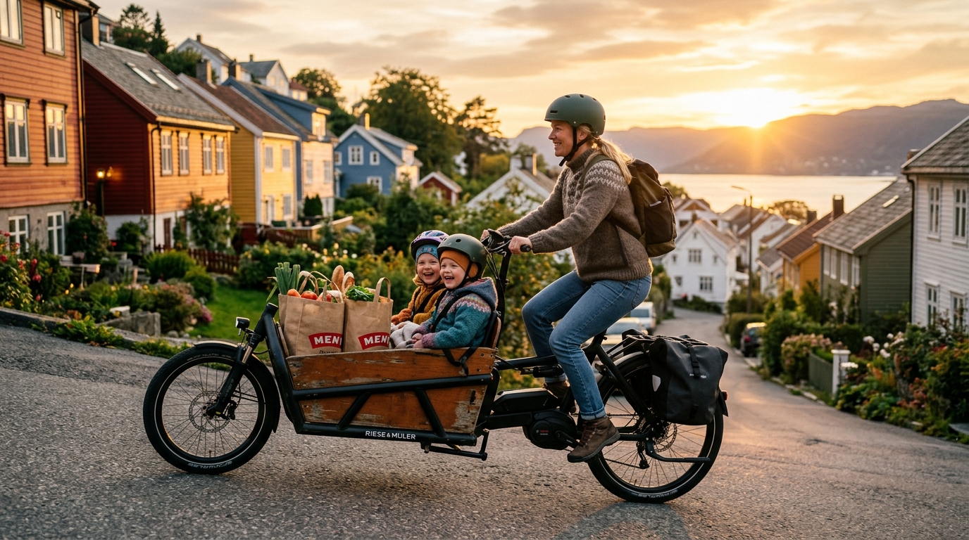En kvinne med en cargo-elsykkel på vei opp en bakke. I fronten sitter to barn, sittende med to handlenett fra Meny