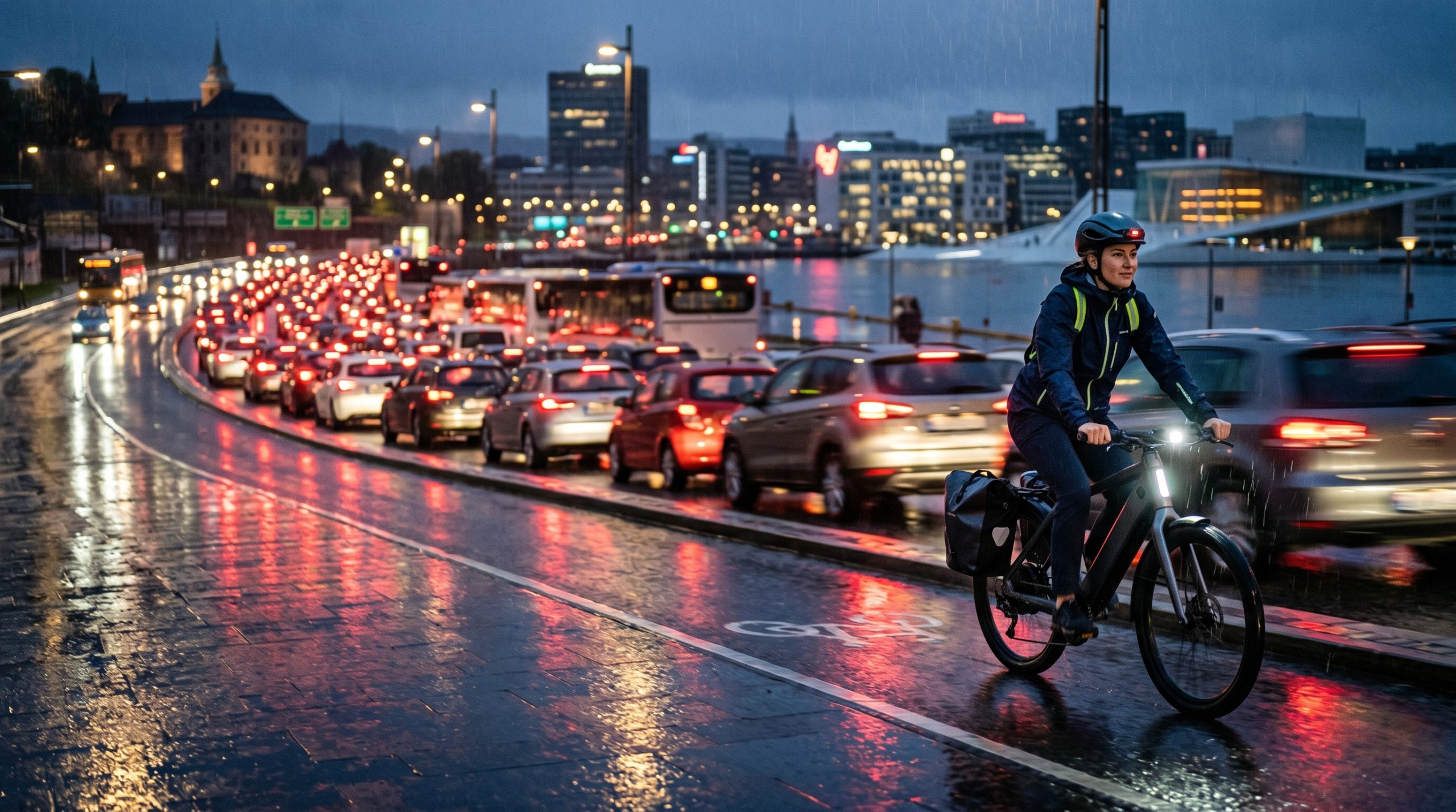 En kvinne som sykler med en elsykkel på en sykkelvei ved siden av en trafikkert motorvei