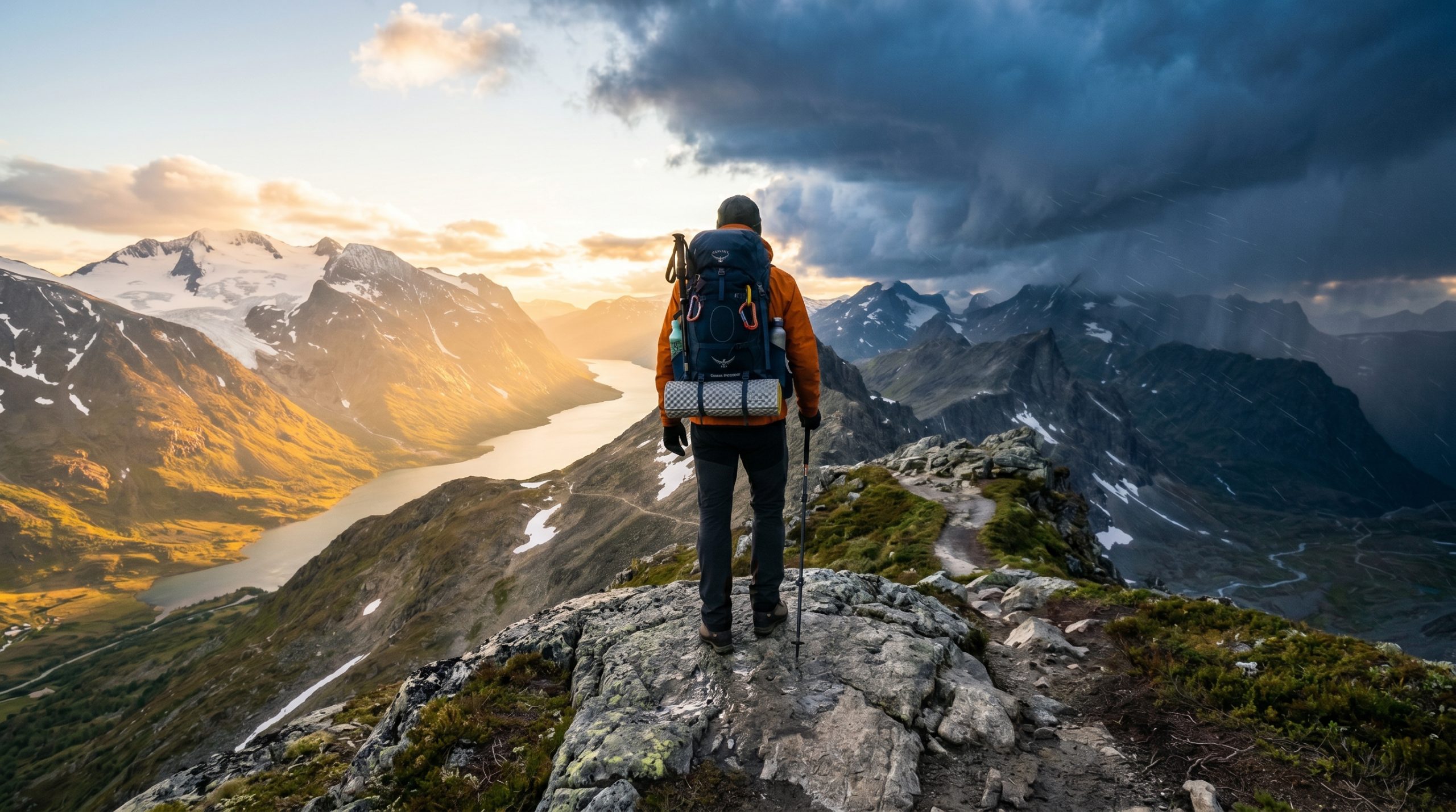 En mann i fullstendig turustyr stående på toppen av et fjell