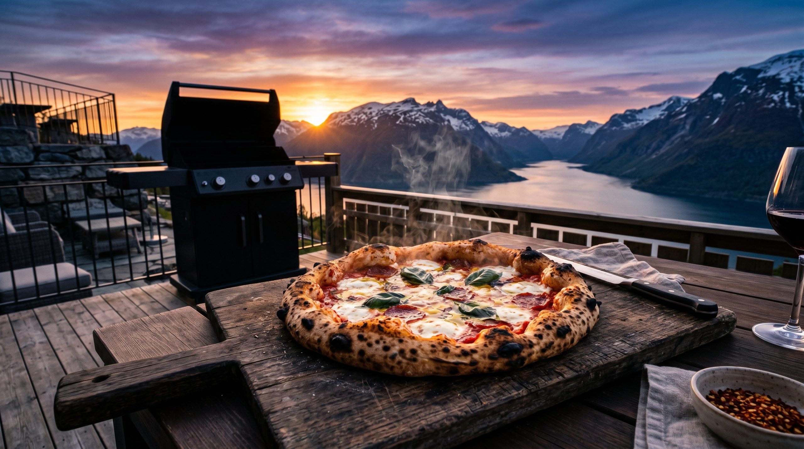 En pizza stekt på en moderne gassgrill, på en terasse. I bakgrunnen ser man gassgrillen, samt en utsikt over en vakker fjord