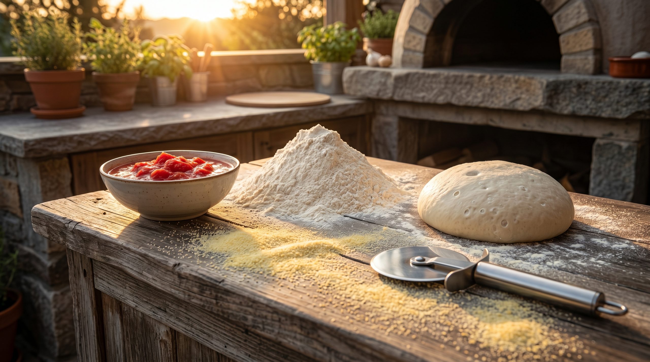 Ingrediensene til en pizzadeig, samt en ferdig pizzadeig på et bord foran en pizzaovn