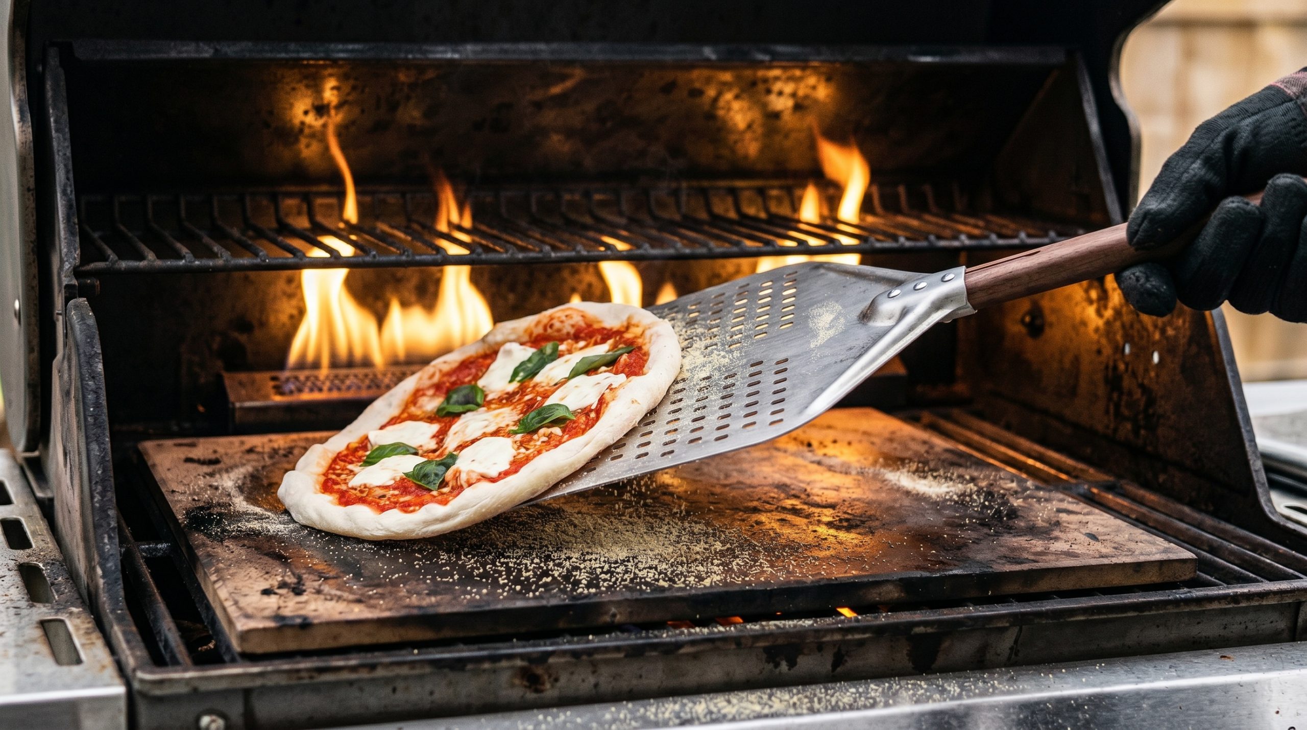 En pizza som løftes av en stekespade på en moderne gassgrill