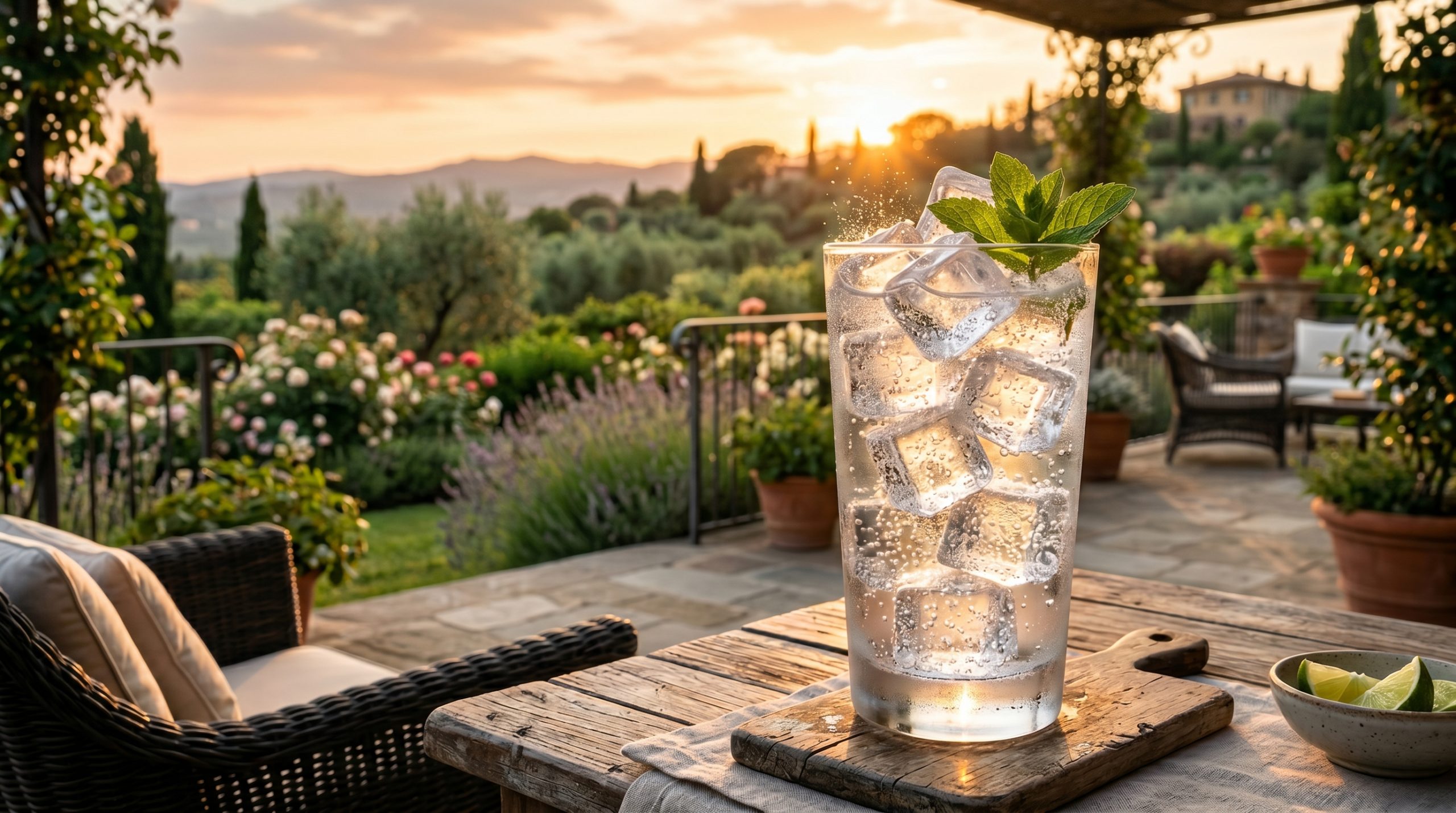 Et drinkglass med isbiter på en veranda med flott utsikt over naturen