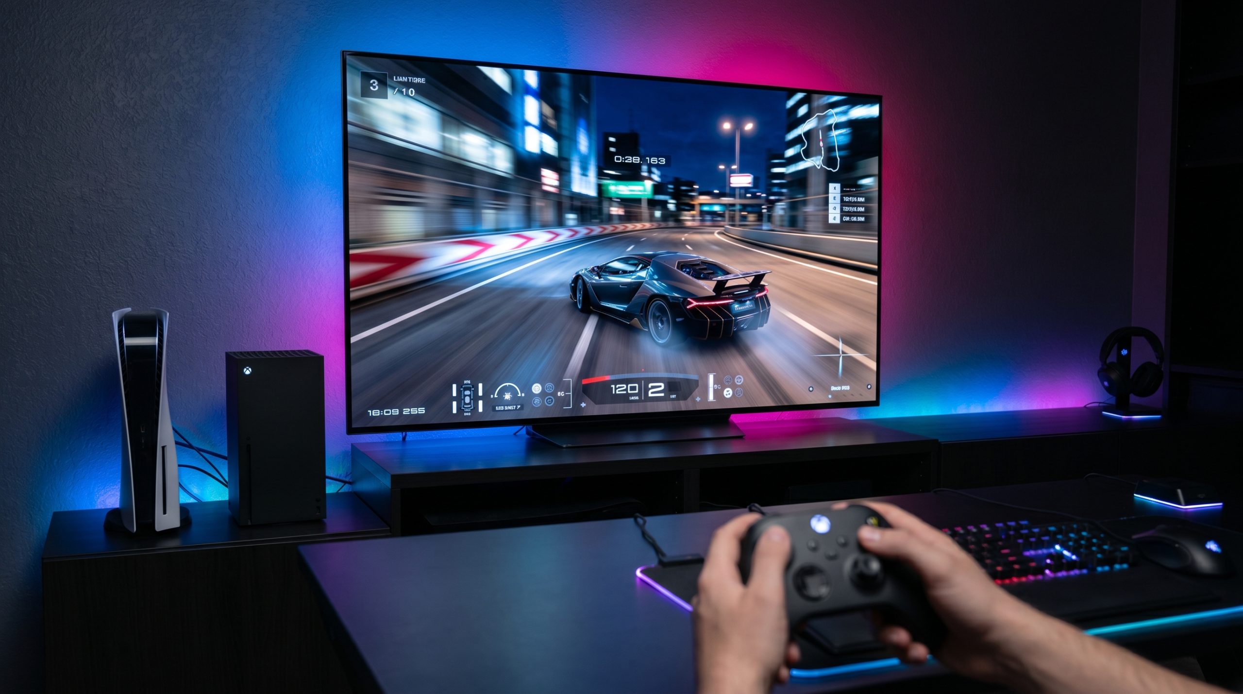 En hånd holder en kontroller foran en moderne gaming-TV.