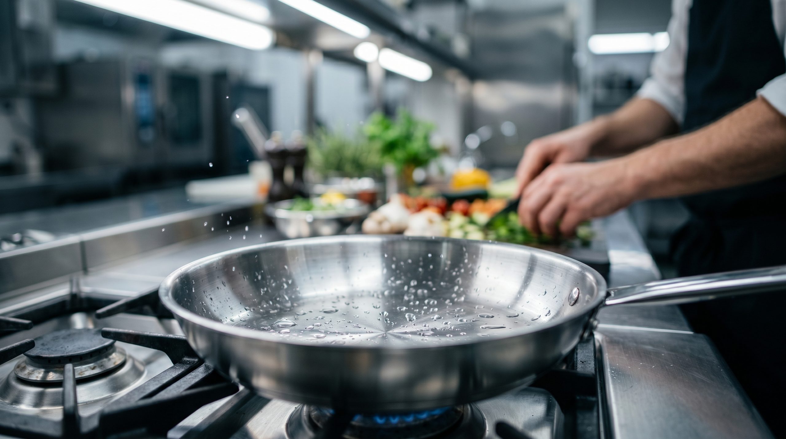En stekepanne i stål på et moderne restaurantkjøkken