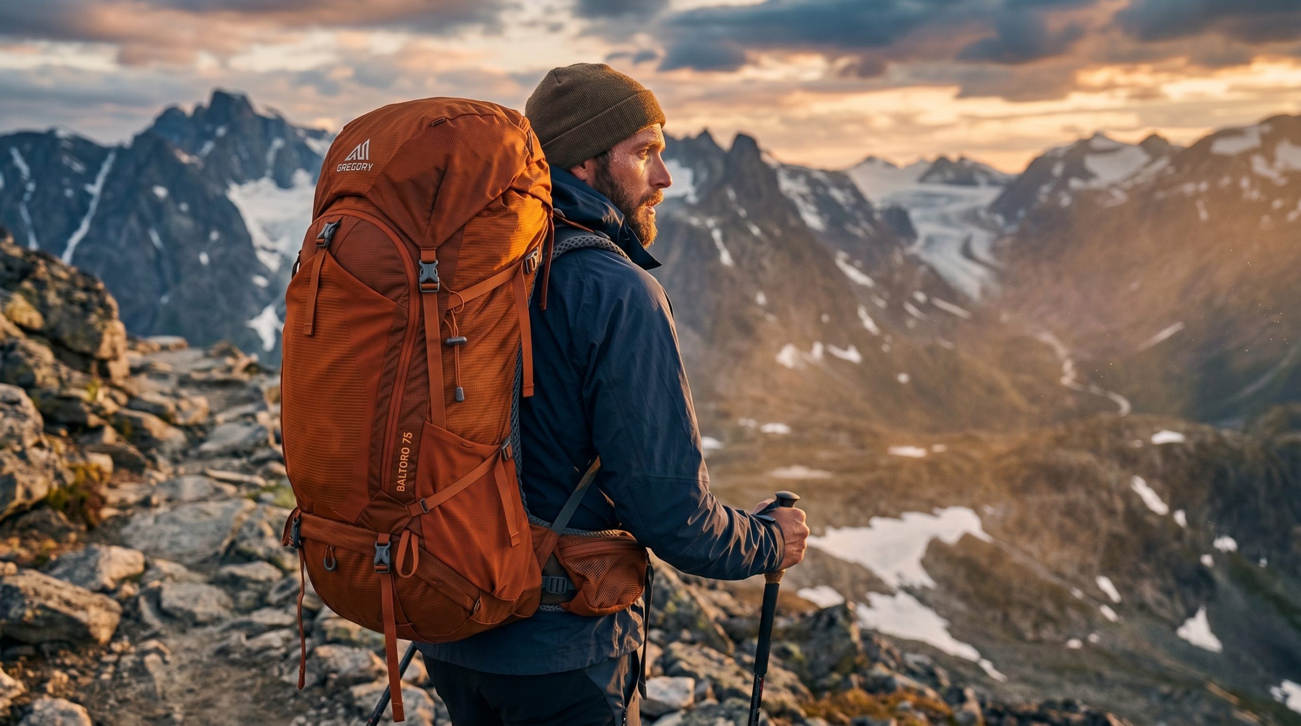 En mann med en stor tursekk på ryggen, stående på et fjell og ser utover en dal.