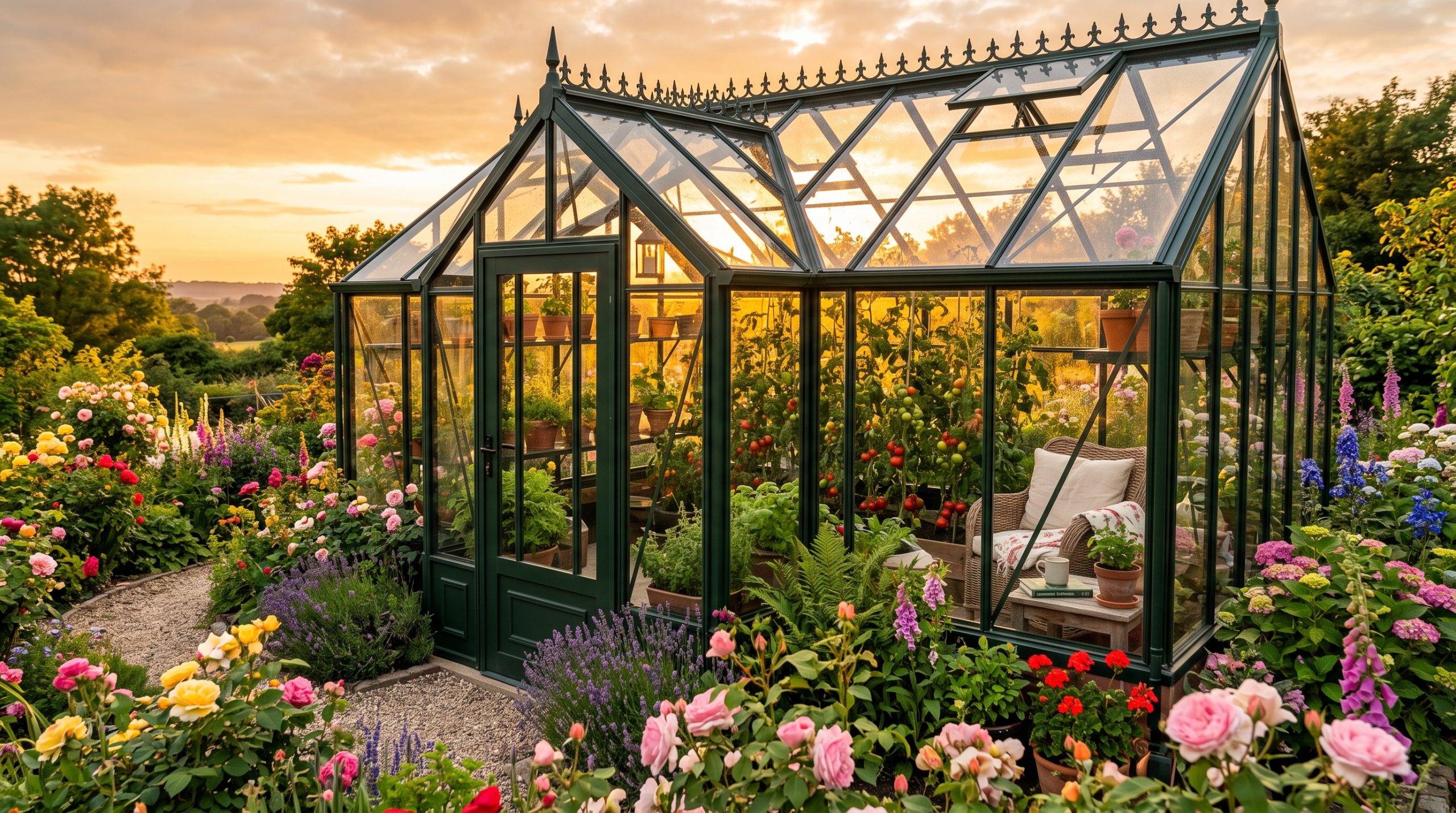Et moderne drivhus i solnedgangen. Omringet av blomster på alle kanter