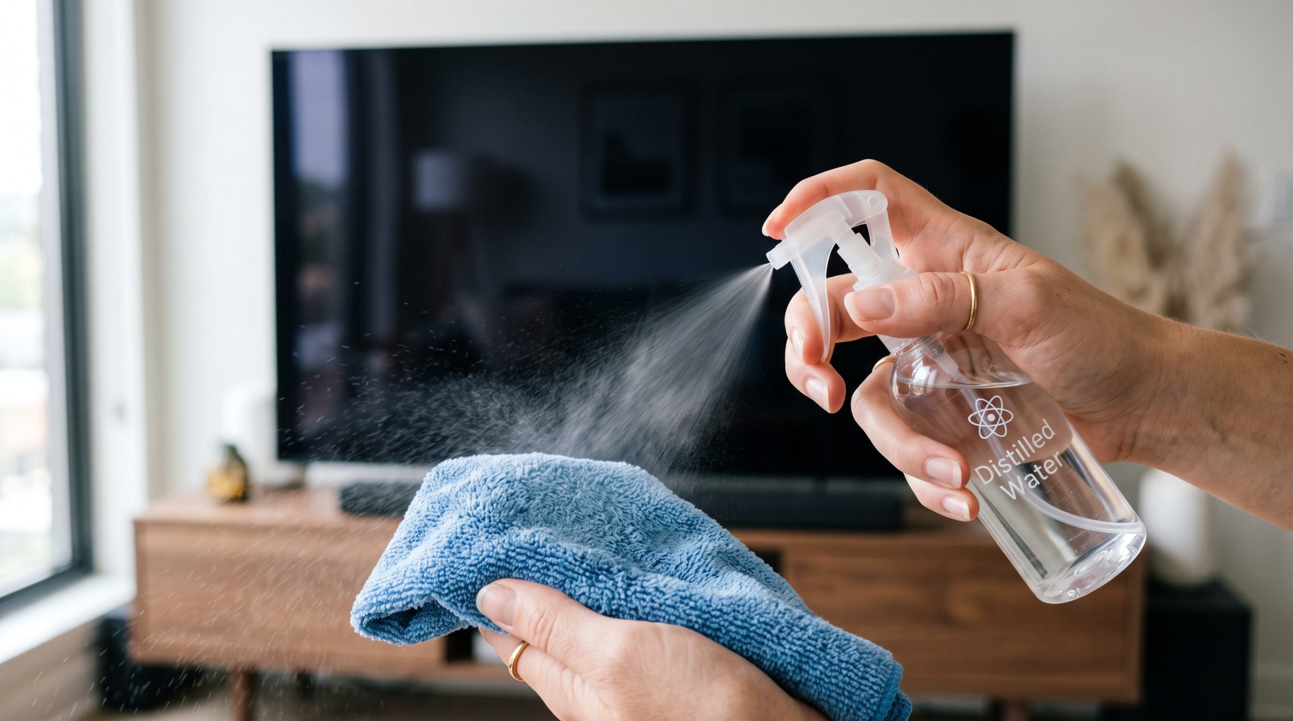 En flaske med destillert vann som sprayes på en klut foran en TV