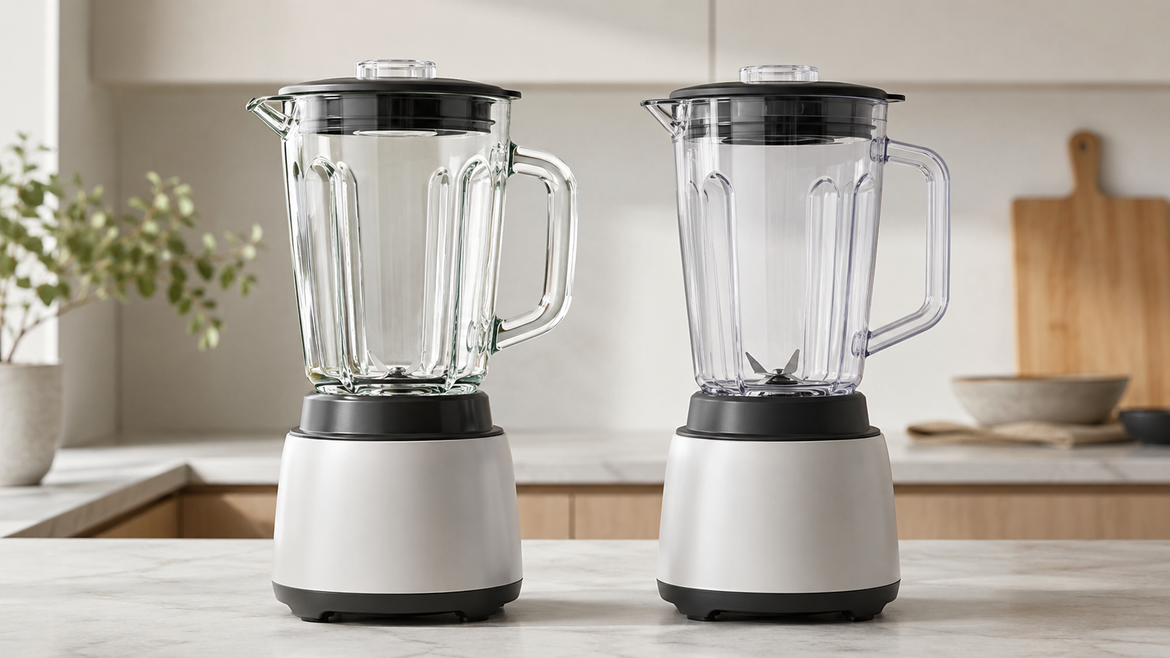 Blender med glasskanne og blender med Tritan-kanne plassert side om side på en kjøkkenbenk.