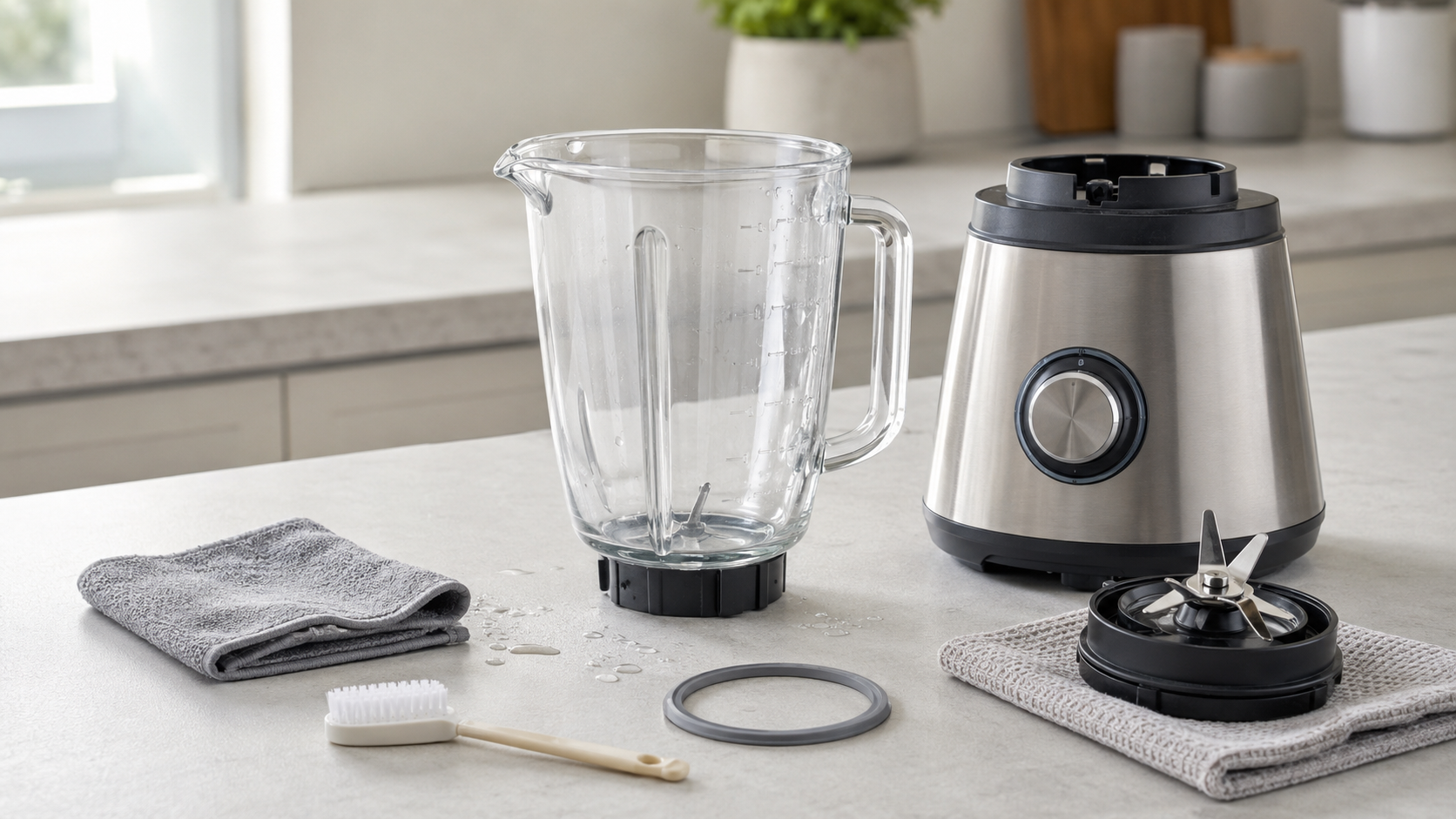 Demontert blender med rengjort kanne, knivsett, gummipakning og rengjøringsutstyr på en kjøkkenbenk.