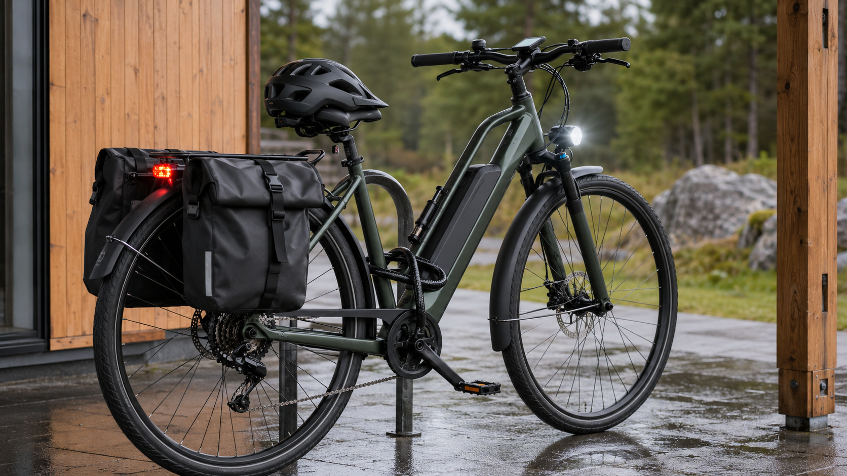 Elsykkel med hjelm, sykkellås, LED-lys, skjermer og vanntette sykkelvesker i norske omgivelser.