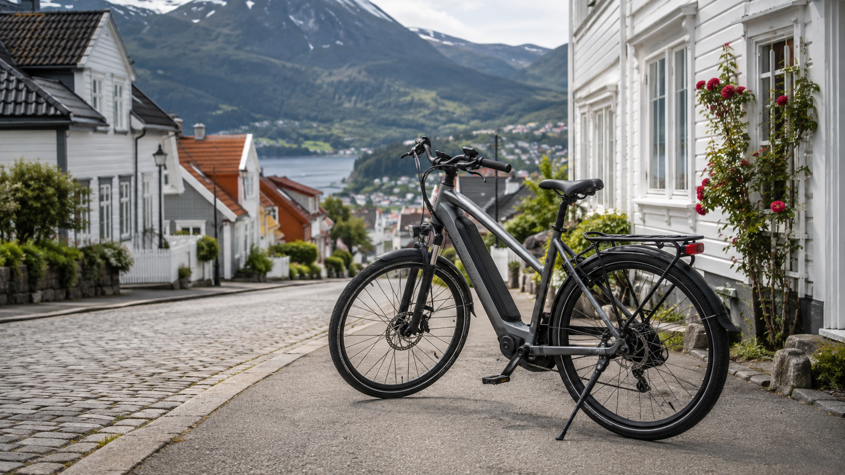 Elsykkel parkert i en norsk gate med trehus, fjord og fjell i bakgrunnen.