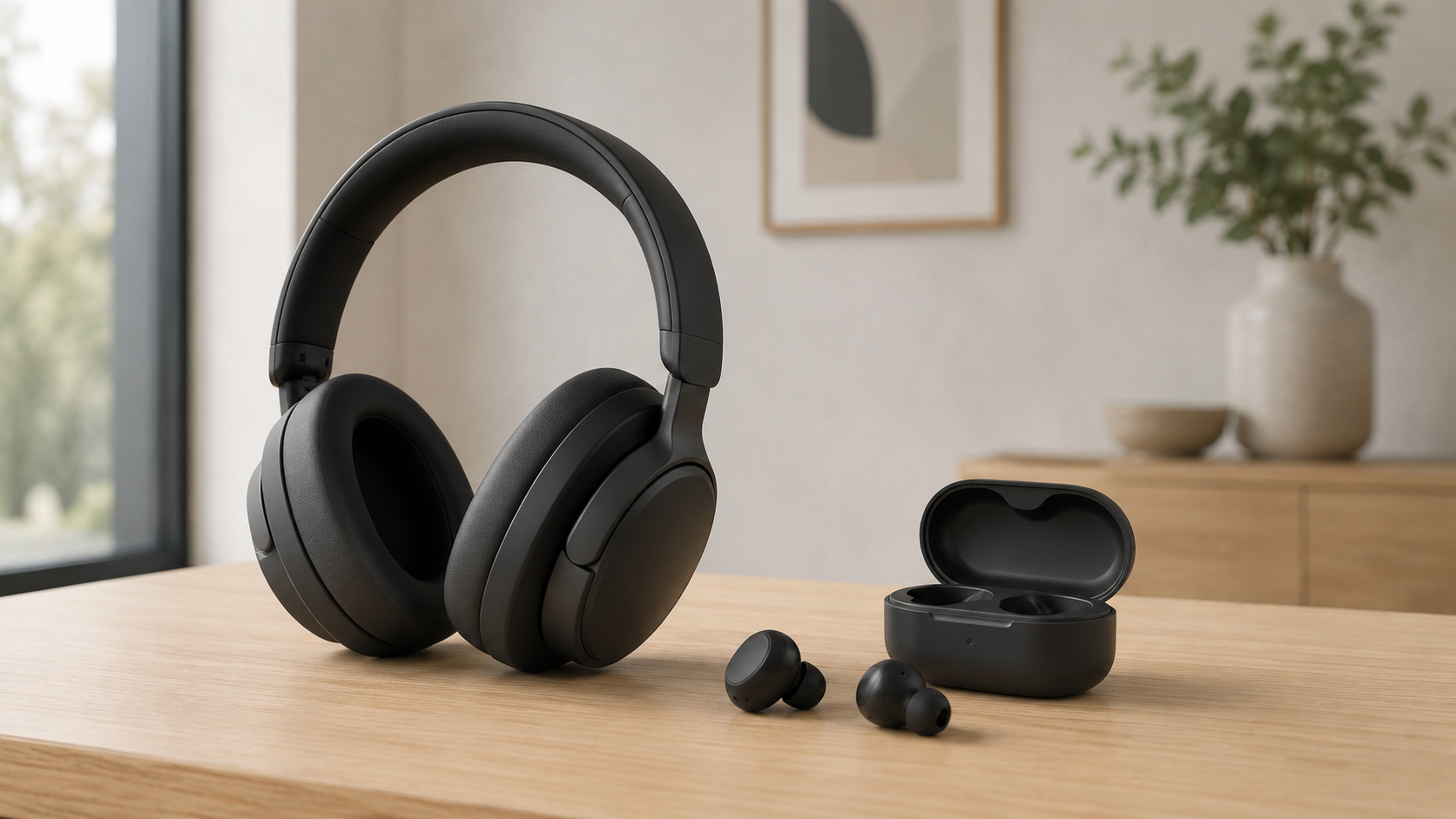 Trådløse ørepropper og over-ear-hodetelefoner på et bord i et lyst, skandinavisk hjem.