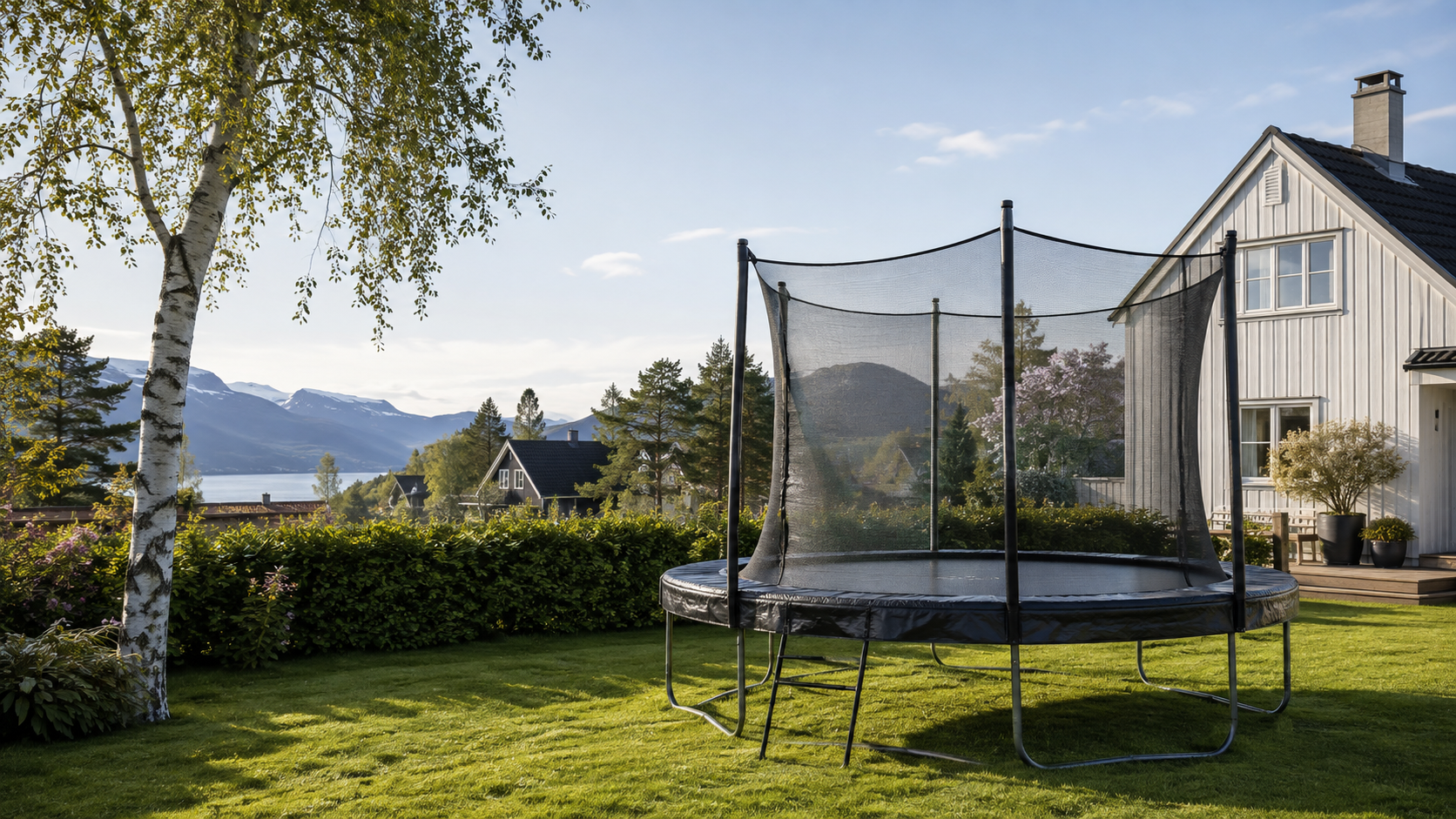En trampoline i en hage på dagen på sommeren i Norge
